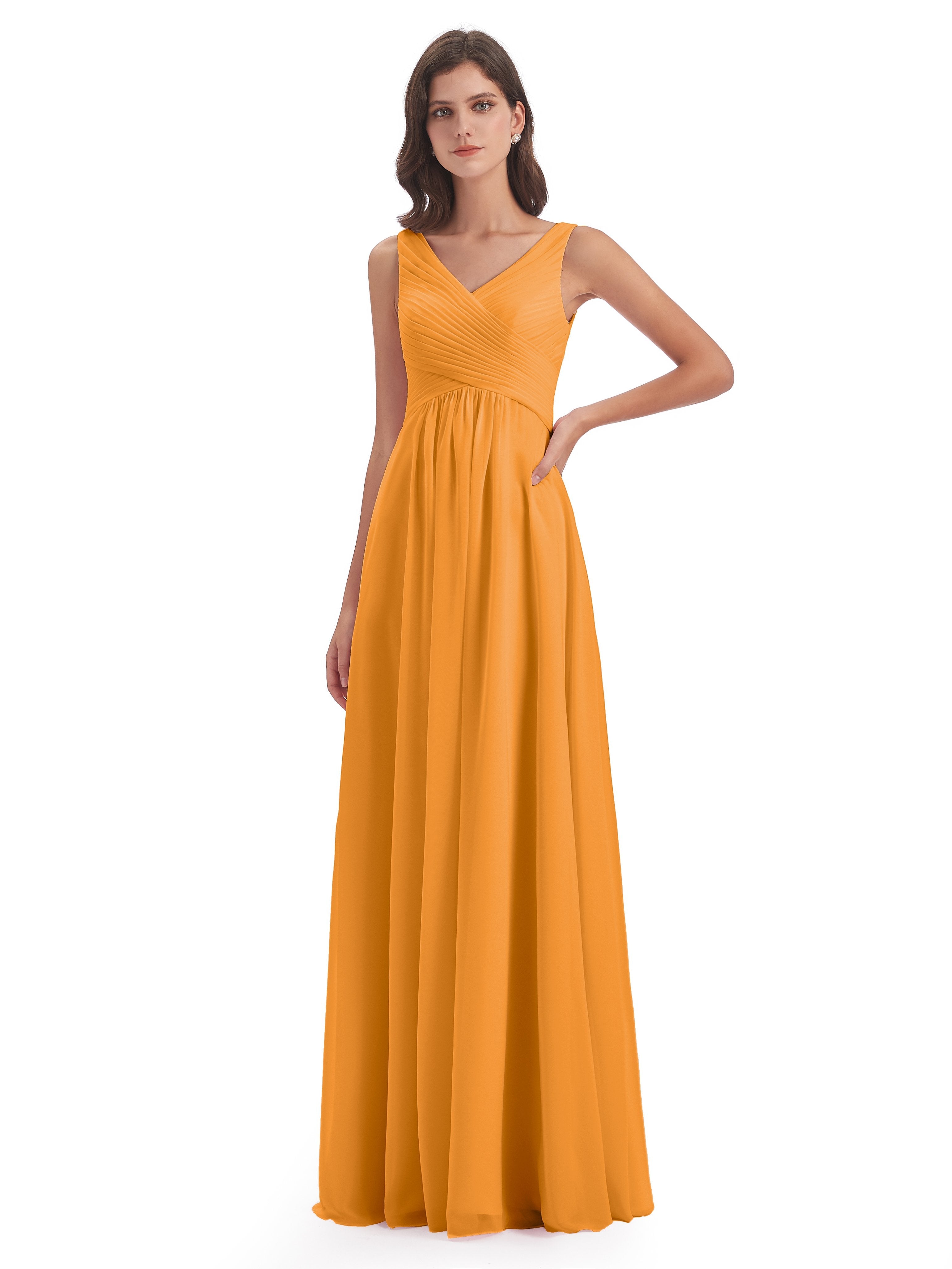 Tangerine Bridesmaid A-Line V-Neck Straps Floor-Length Chiffon Bridesm