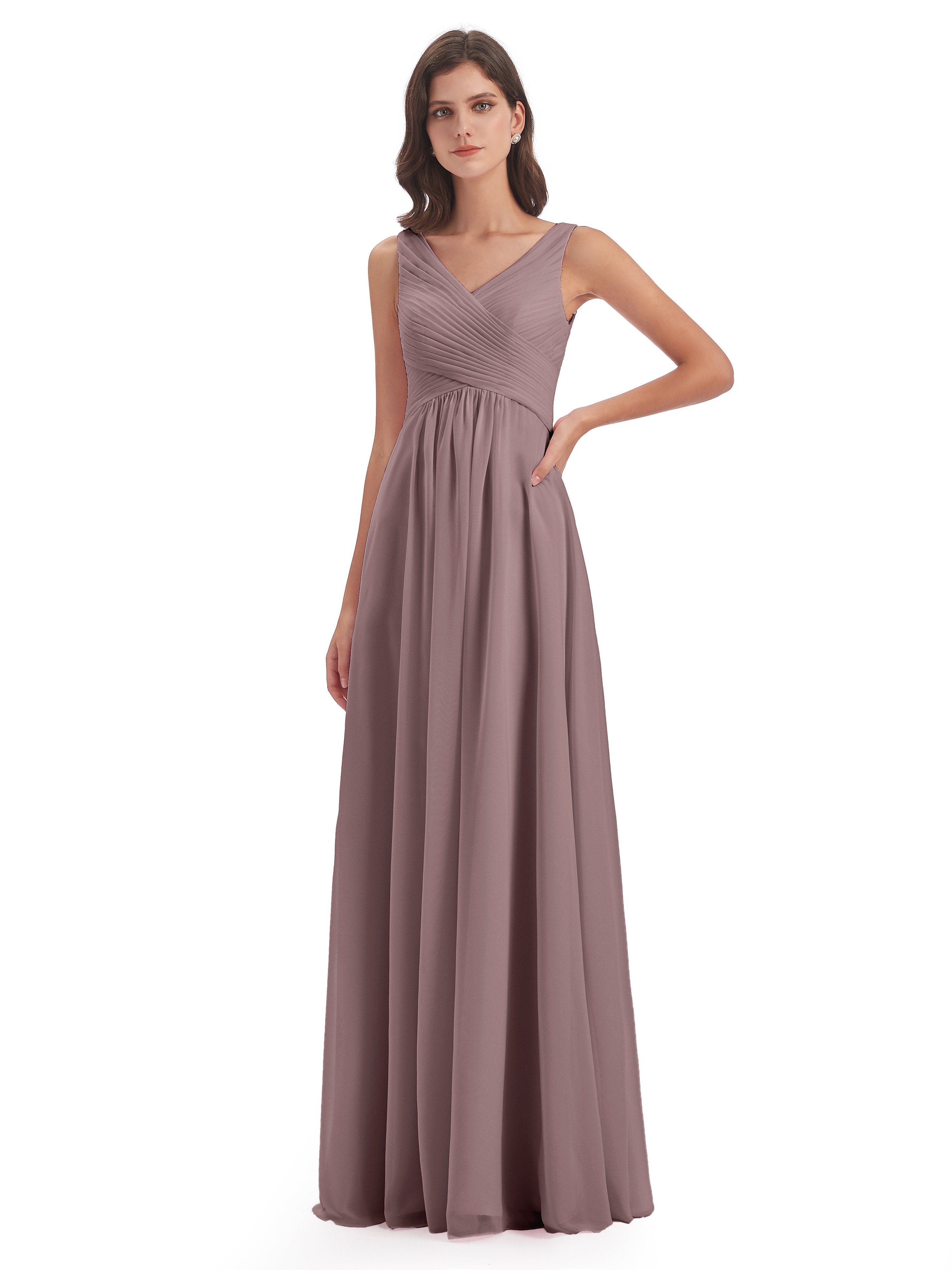 Vintage Mauve Bridesmaid Dresses Uk A-Line V-Neck Straps Floor-Length