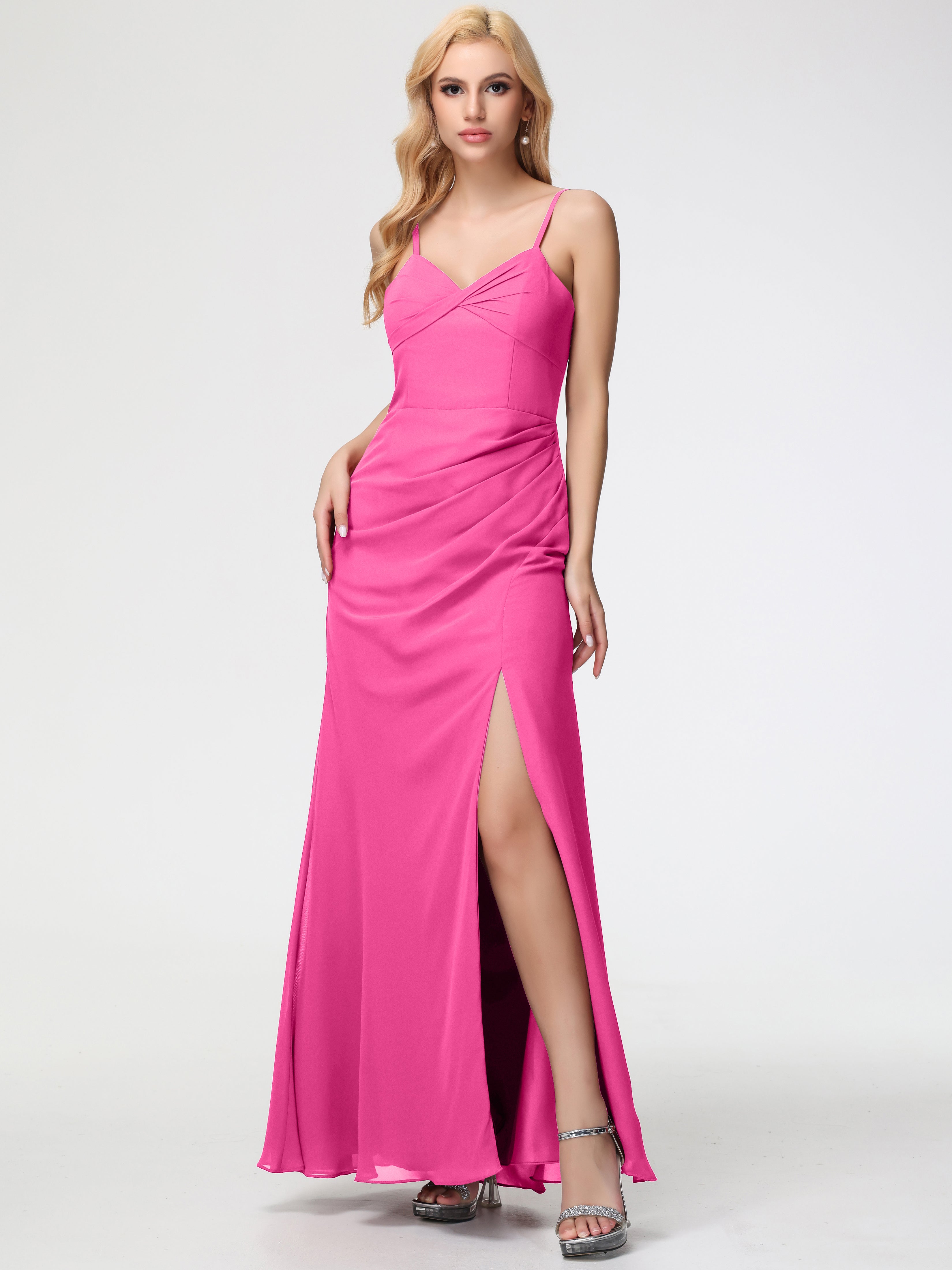V-Neck Sheath/Column Sleeveless Spaghetti Straps Chiffon Bridesmaid Dresses With Split