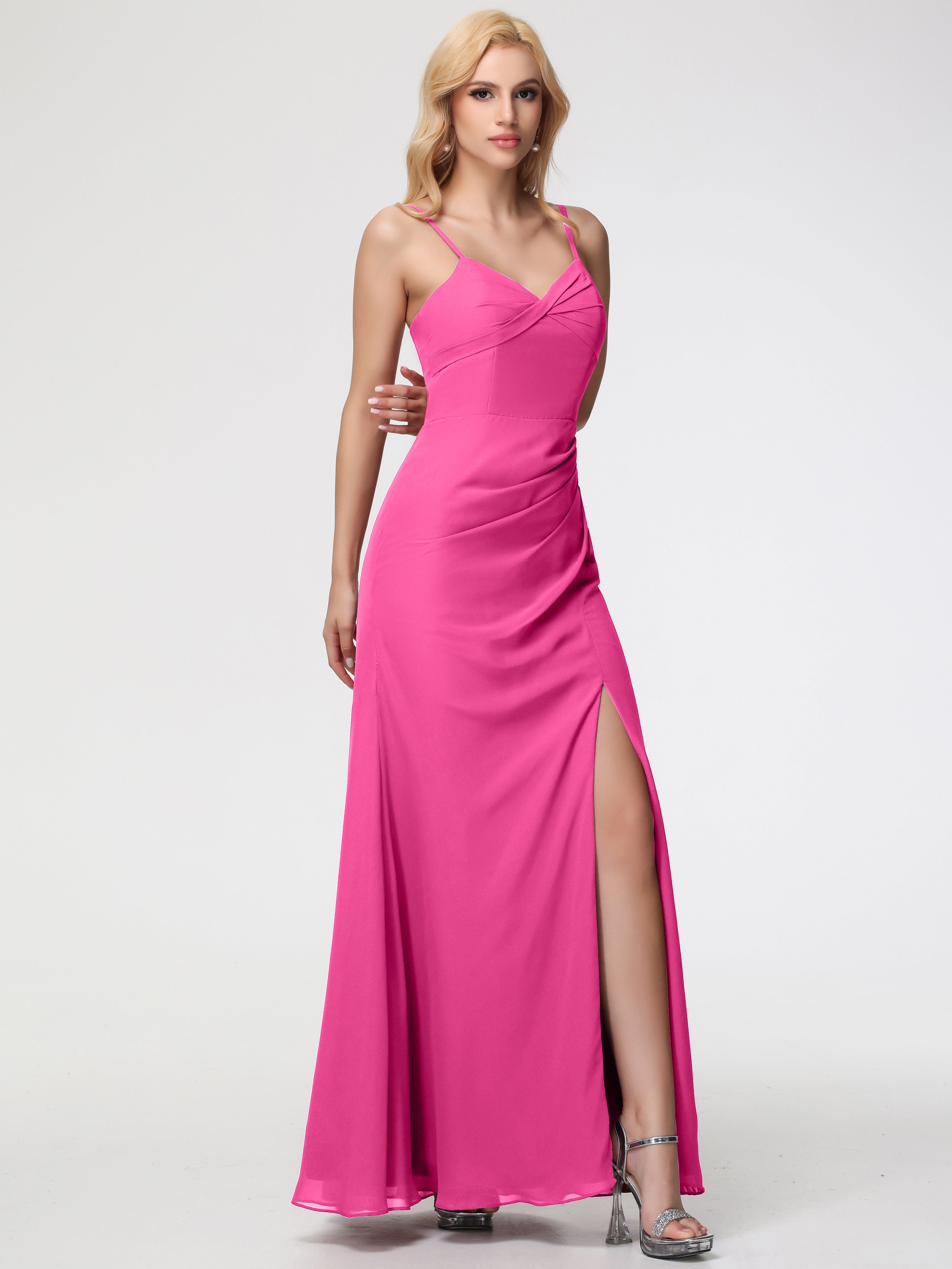 V-Neck Sheath/Column Sleeveless Spaghetti Straps Chiffon Bridesmaid Dresses With Split