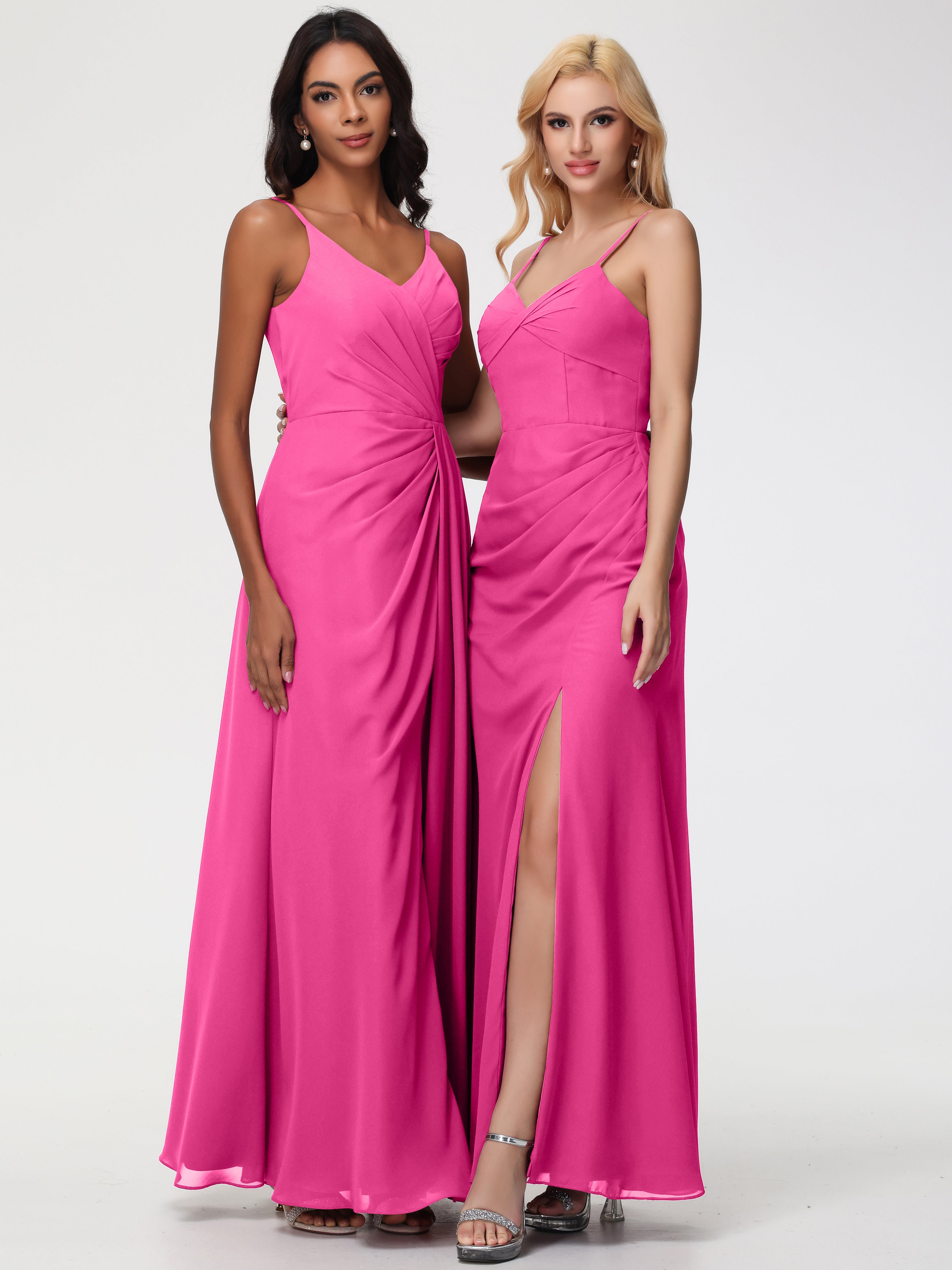 V-Neck Sheath/Column Sleeveless Spaghetti Straps Chiffon Bridesmaid Dresses With Split