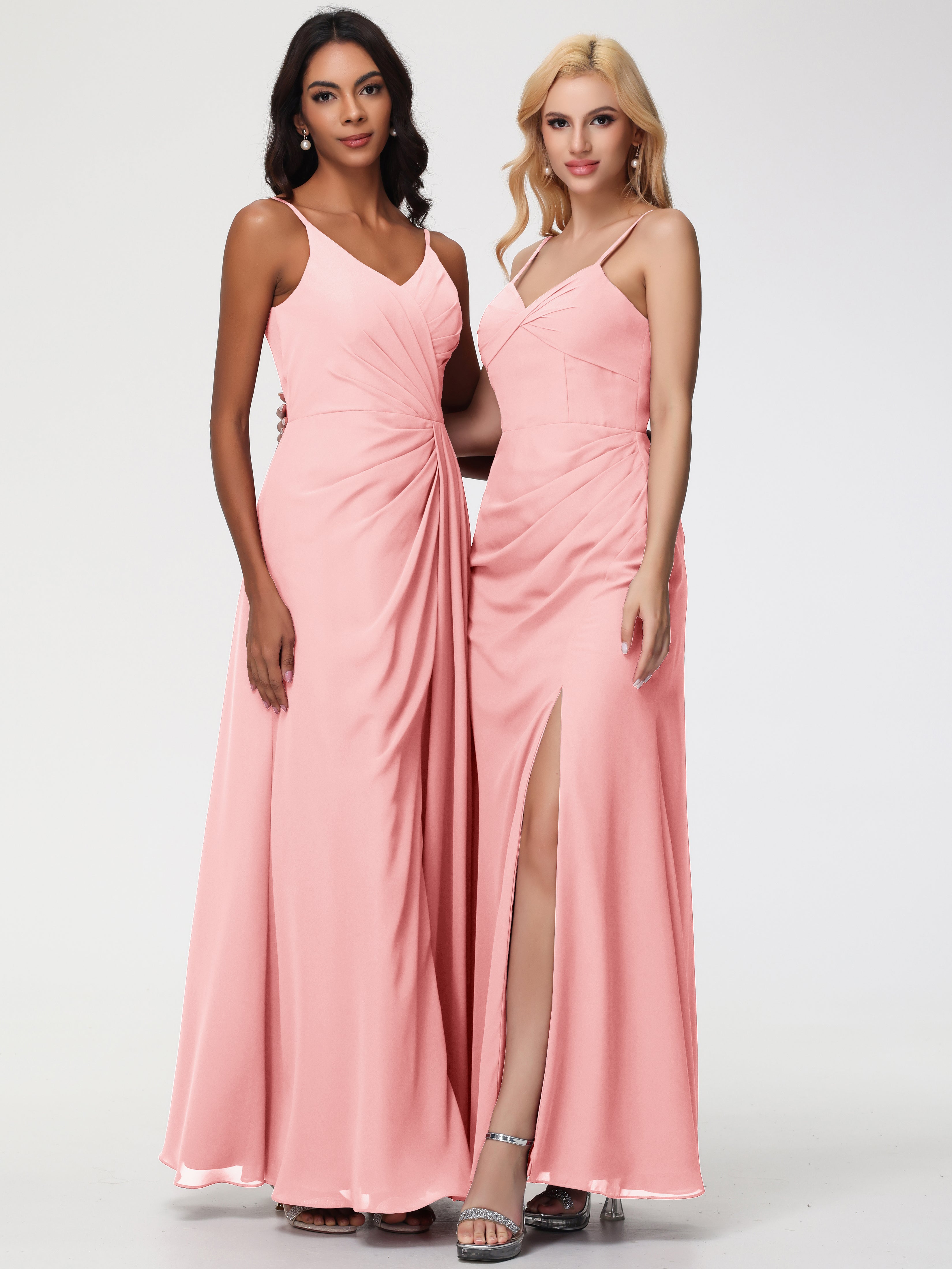 V-Neck Sheath/Column Sleeveless Spaghetti Straps Chiffon Bridesmaid Dresses With Split