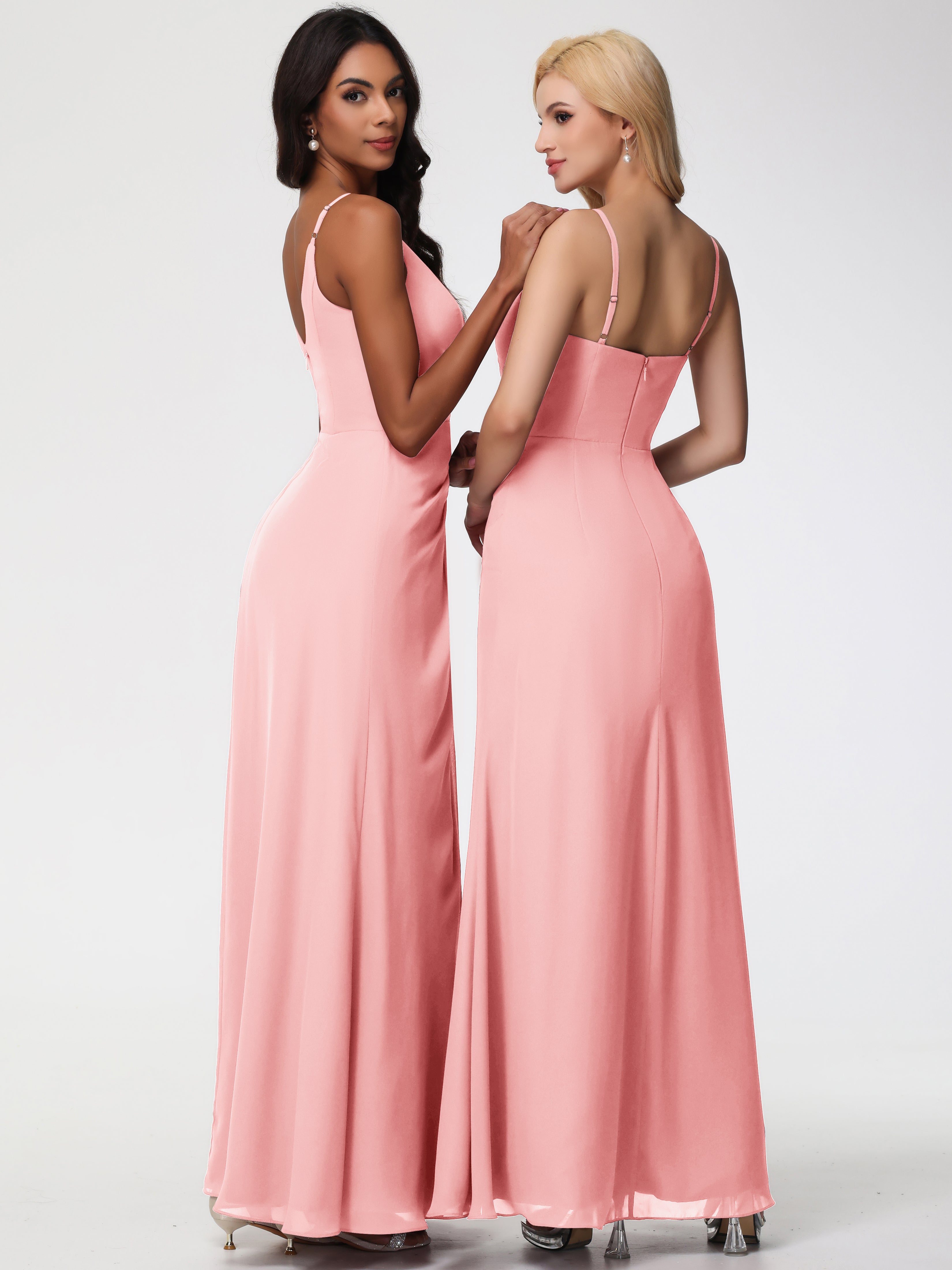 V-Neck Sheath/Column Sleeveless Spaghetti Straps Chiffon Bridesmaid Dresses With Split