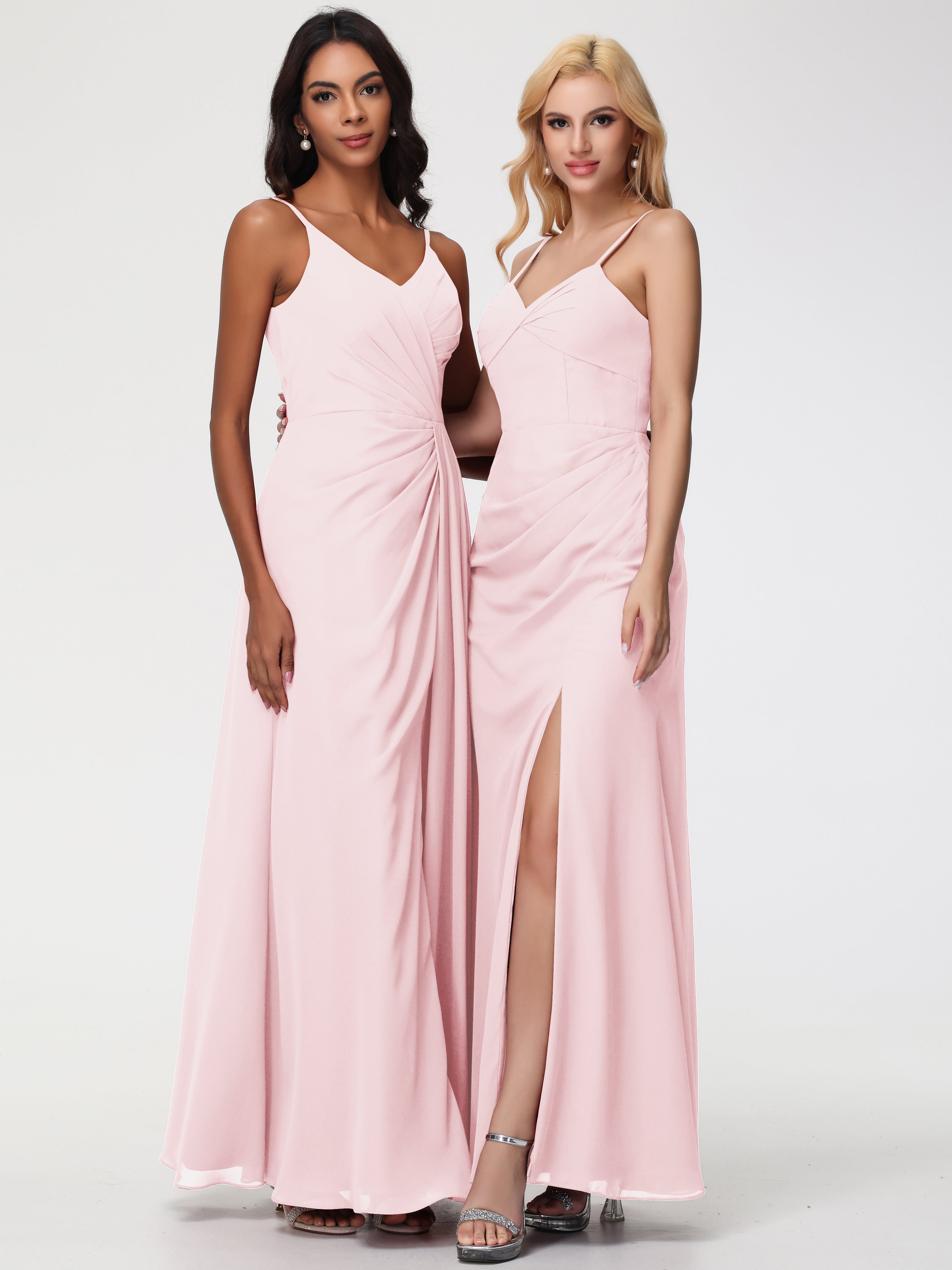 V-Neck Sheath/Column Sleeveless Spaghetti Straps Chiffon Bridesmaid Dresses With Split