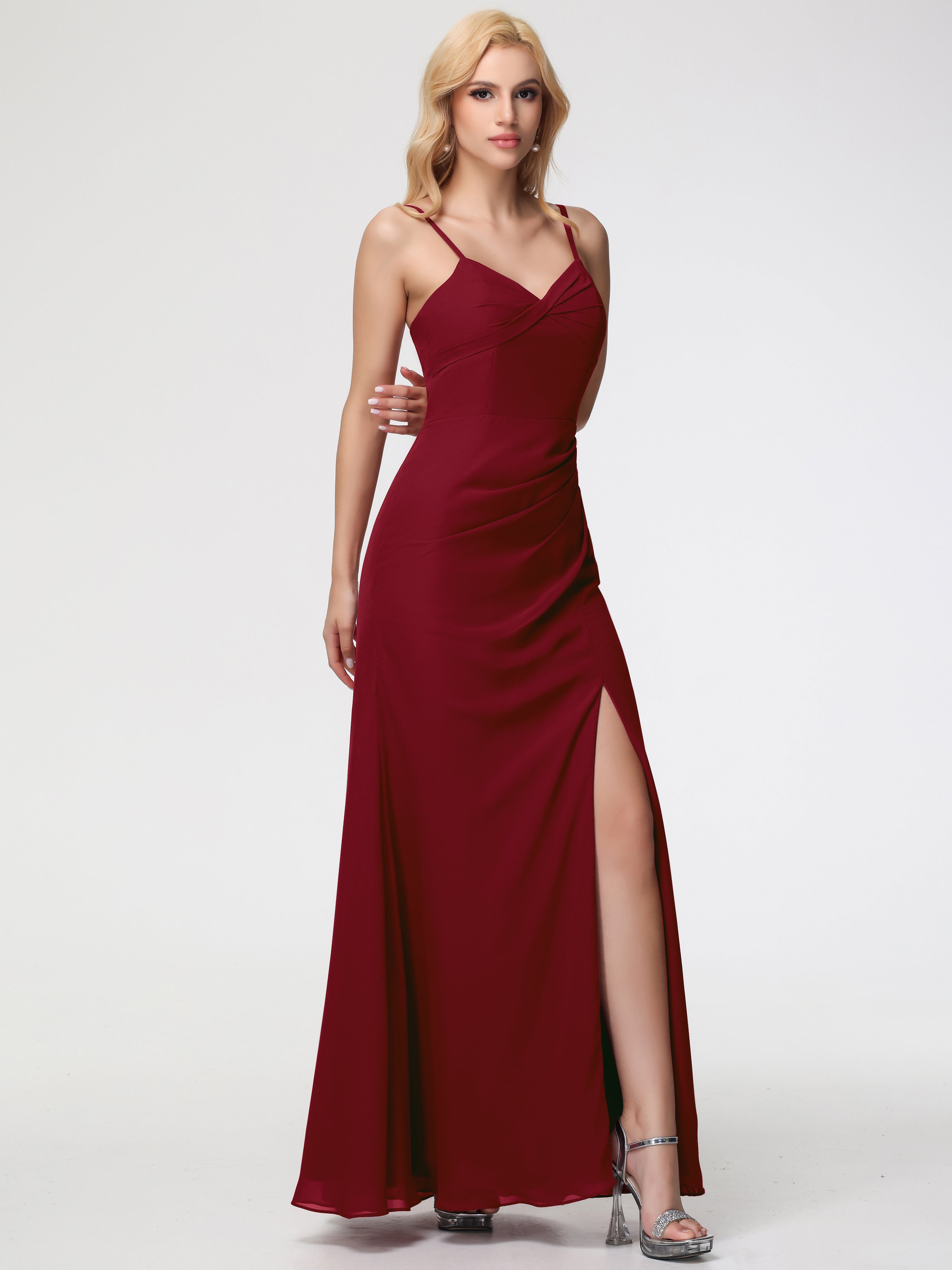 V-Neck Sheath/Column Sleeveless Spaghetti Straps Chiffon Bridesmaid Dresses With Split