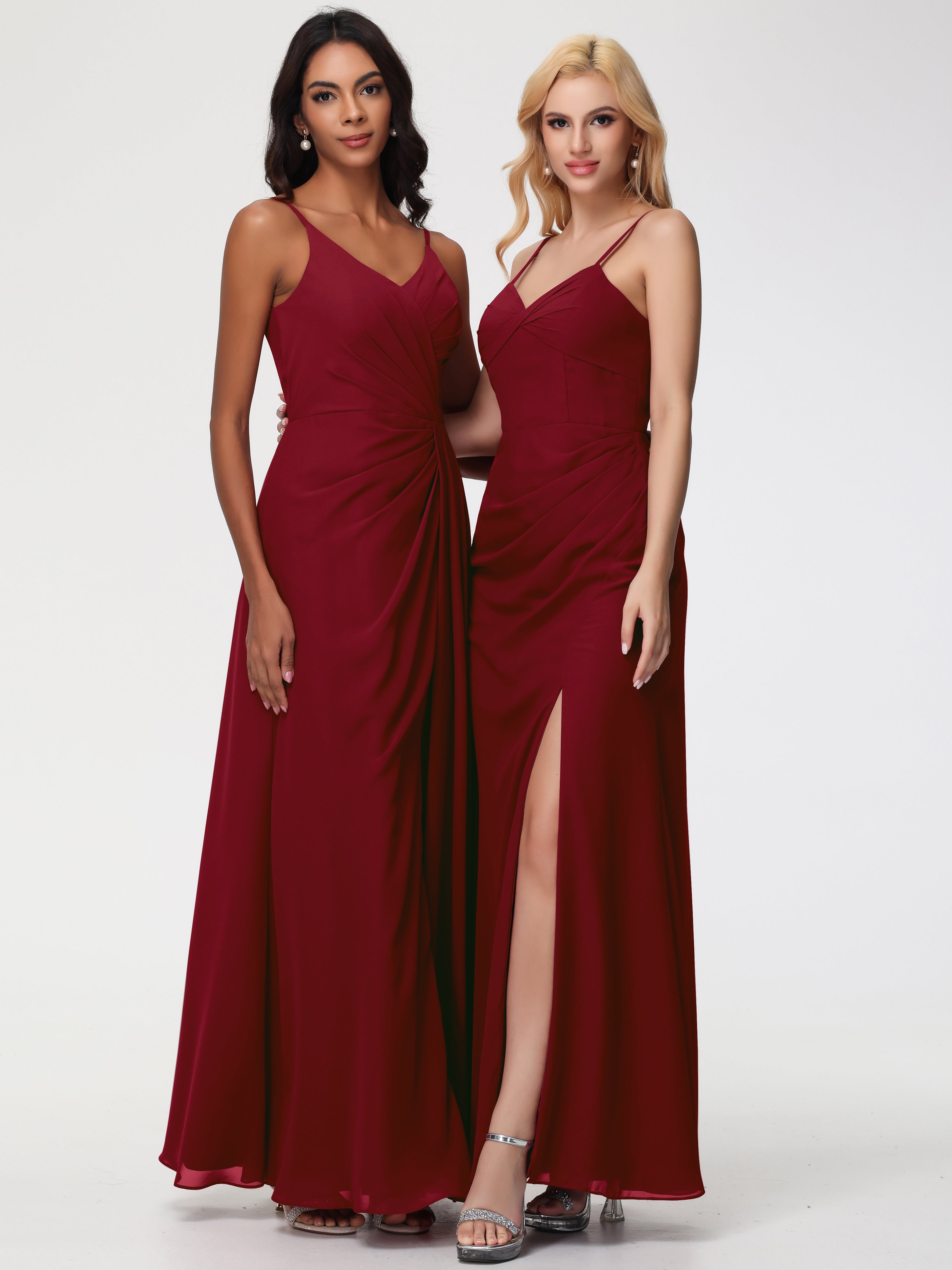 V-Neck Sheath/Column Sleeveless Spaghetti Straps Chiffon Bridesmaid Dresses With Split