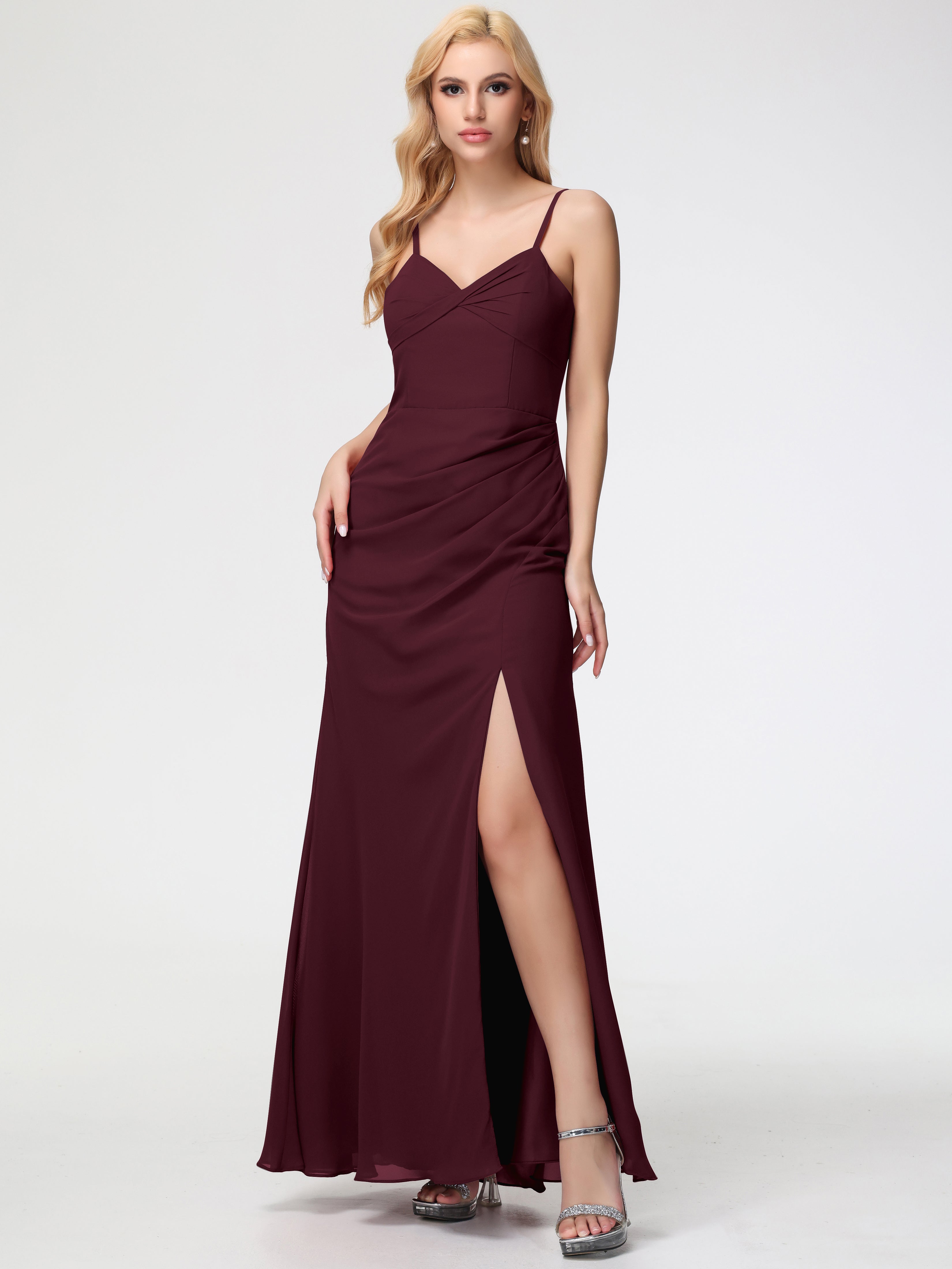 V-Neck Sheath/Column Sleeveless Spaghetti Straps Chiffon Bridesmaid Dresses With Split