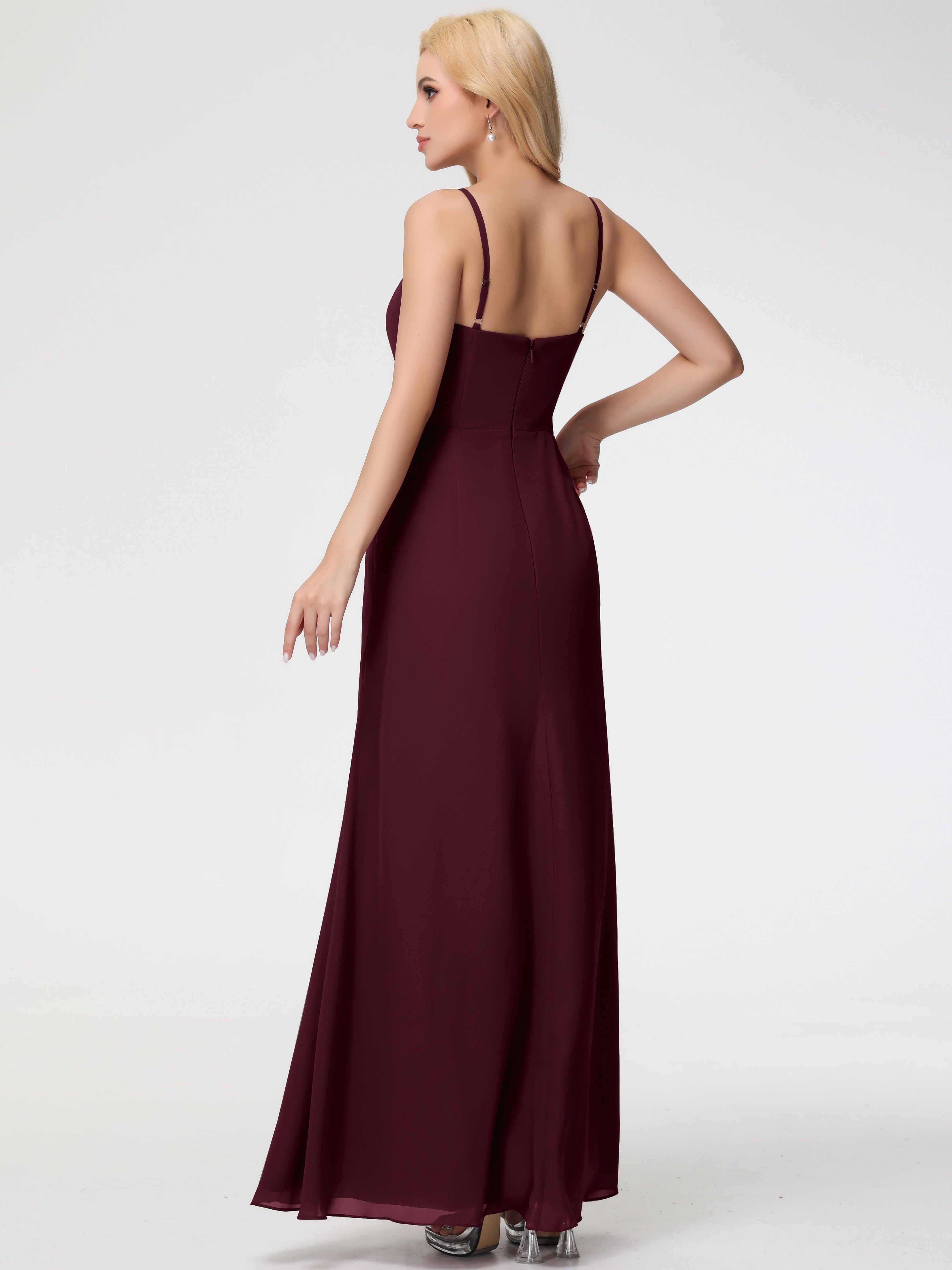 V-Neck Sheath/Column Sleeveless Spaghetti Straps Chiffon Bridesmaid Dresses With Split