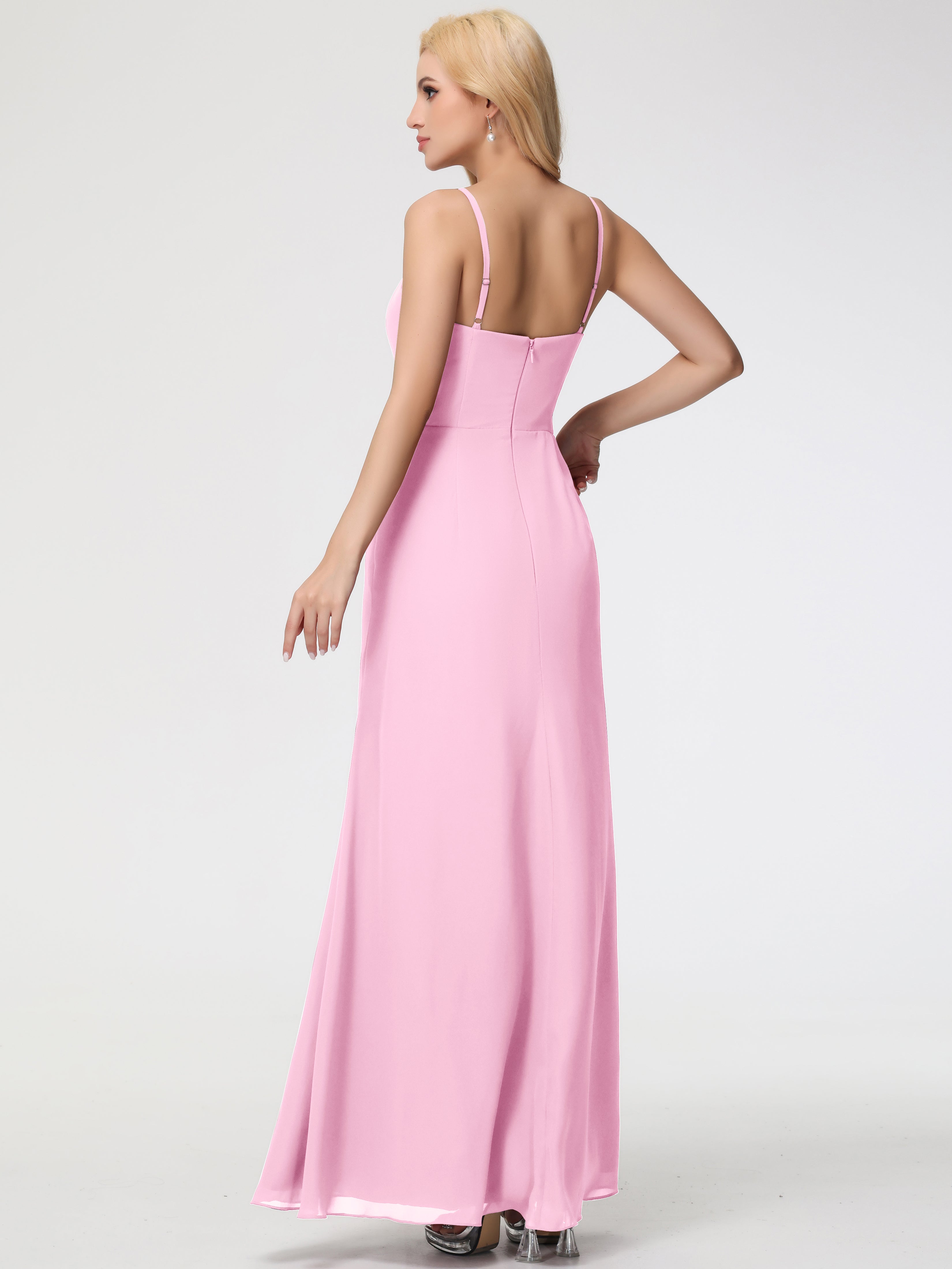 V-Neck Sheath/Column Sleeveless Spaghetti Straps Chiffon Bridesmaid Dresses With Split