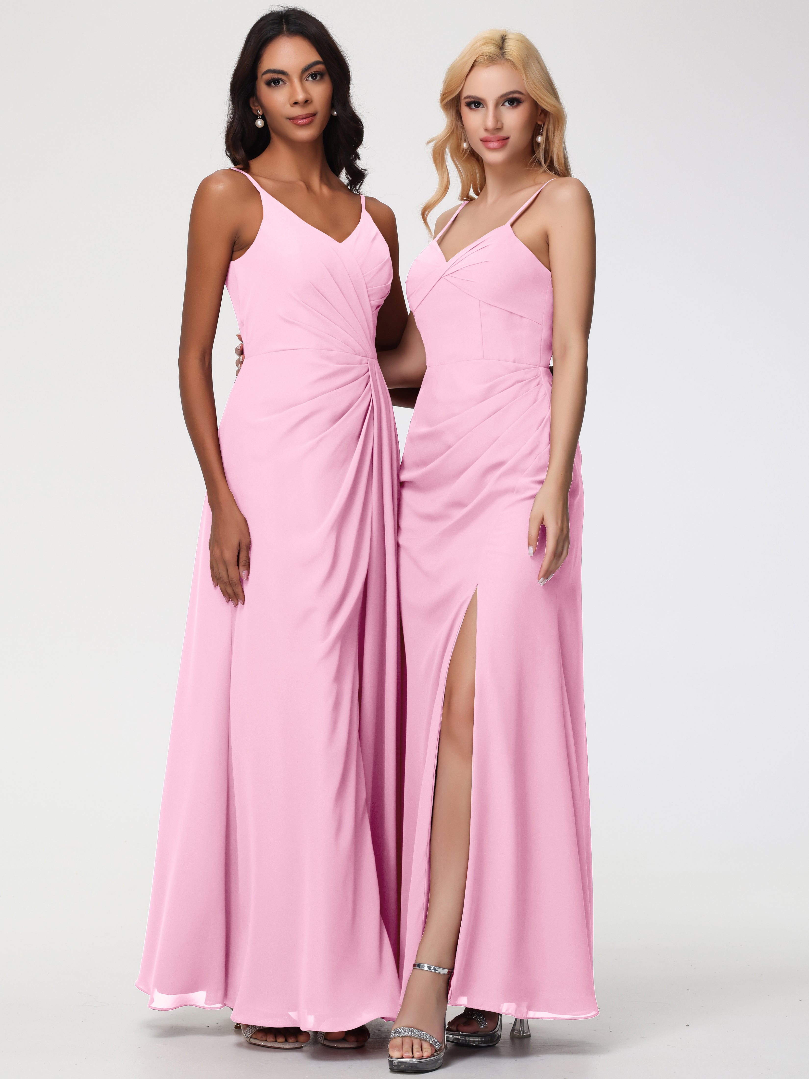 V-Neck Sheath/Column Sleeveless Spaghetti Straps Chiffon Bridesmaid Dresses With Split