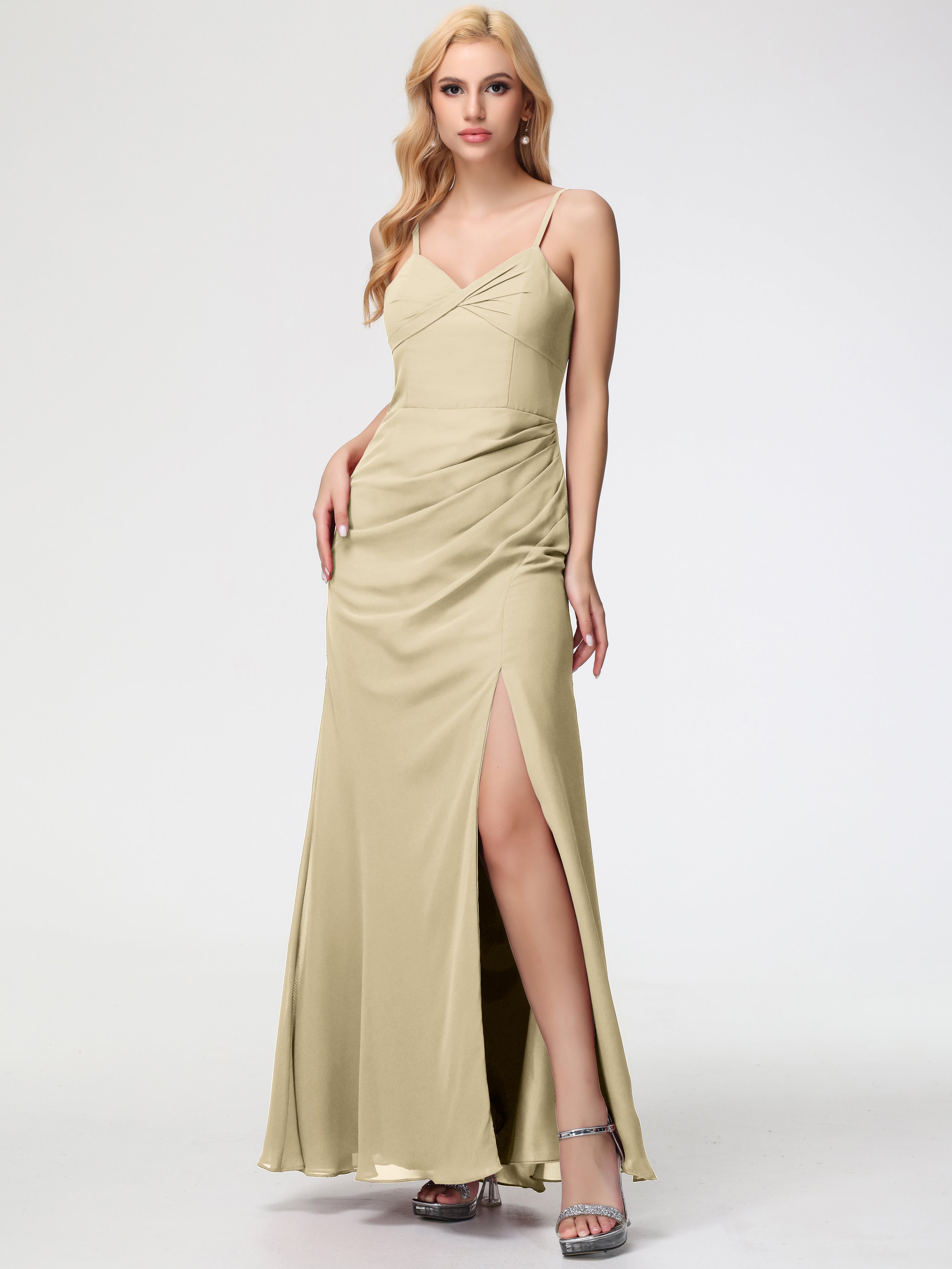 V-Neck Sheath/Column Sleeveless Spaghetti Straps Chiffon Bridesmaid Dresses With Split