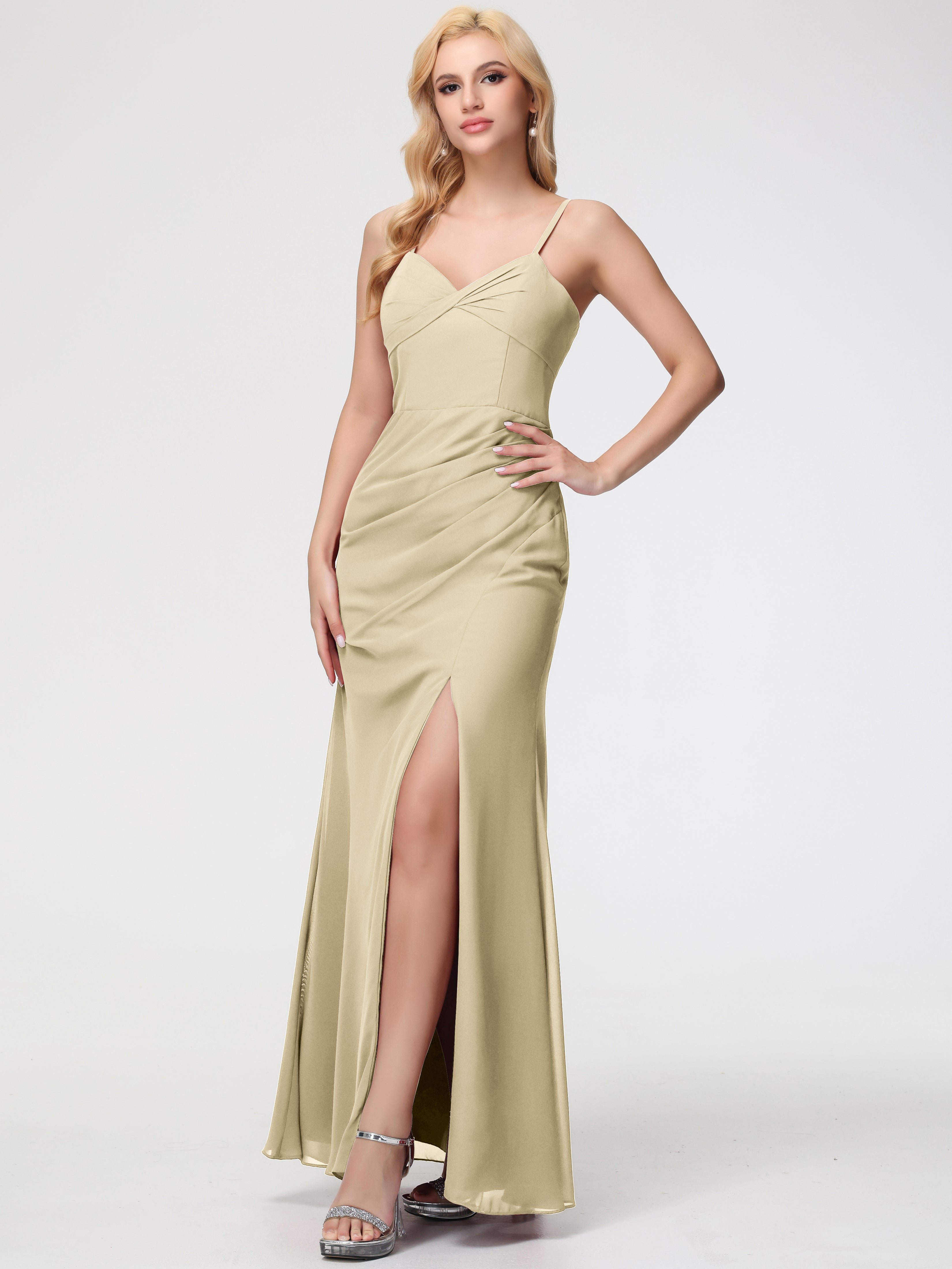 V-Neck Sheath/Column Sleeveless Spaghetti Straps Chiffon Bridesmaid Dresses With Split