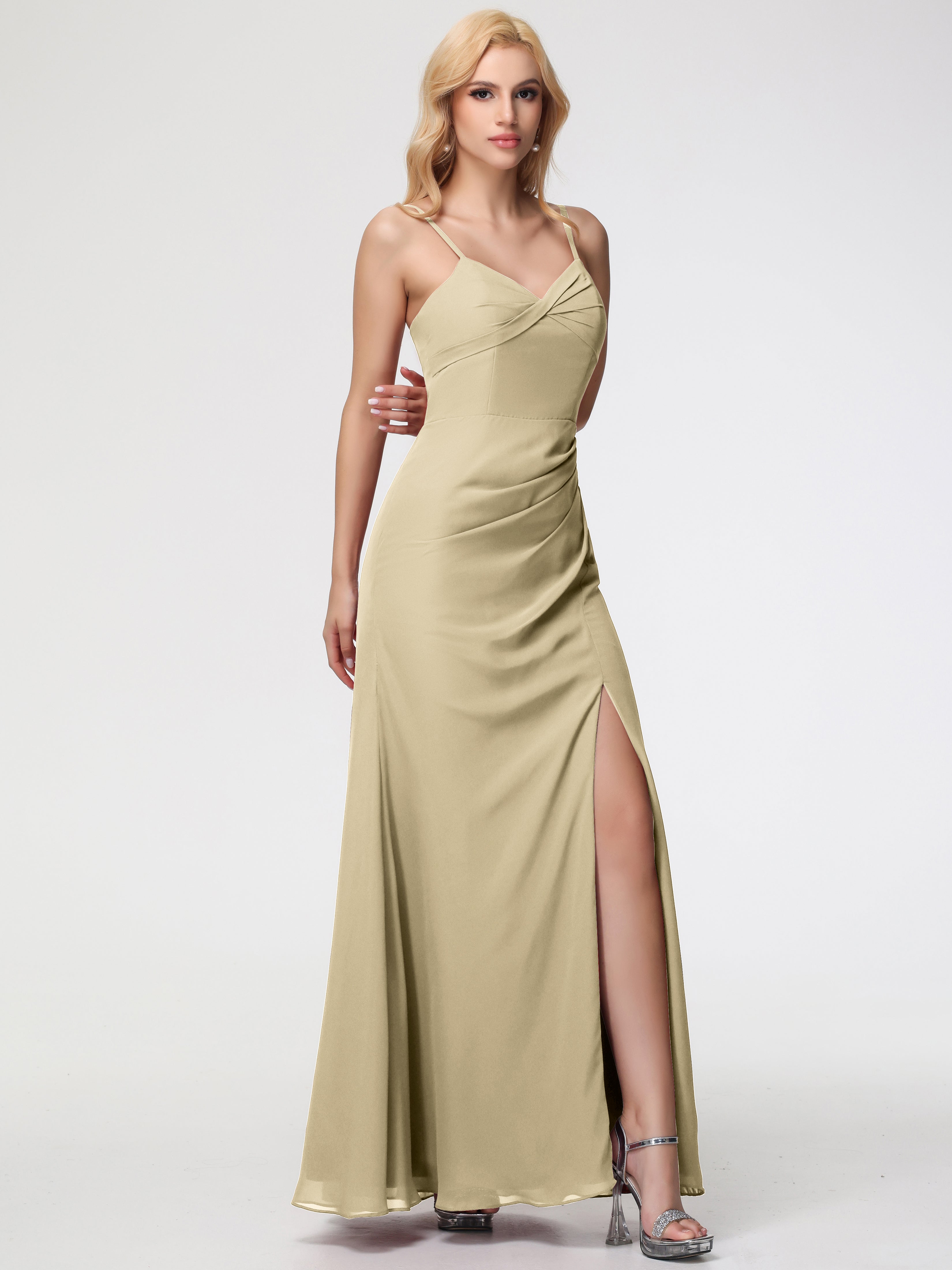 V-Neck Sheath/Column Sleeveless Spaghetti Straps Chiffon Bridesmaid Dresses With Split
