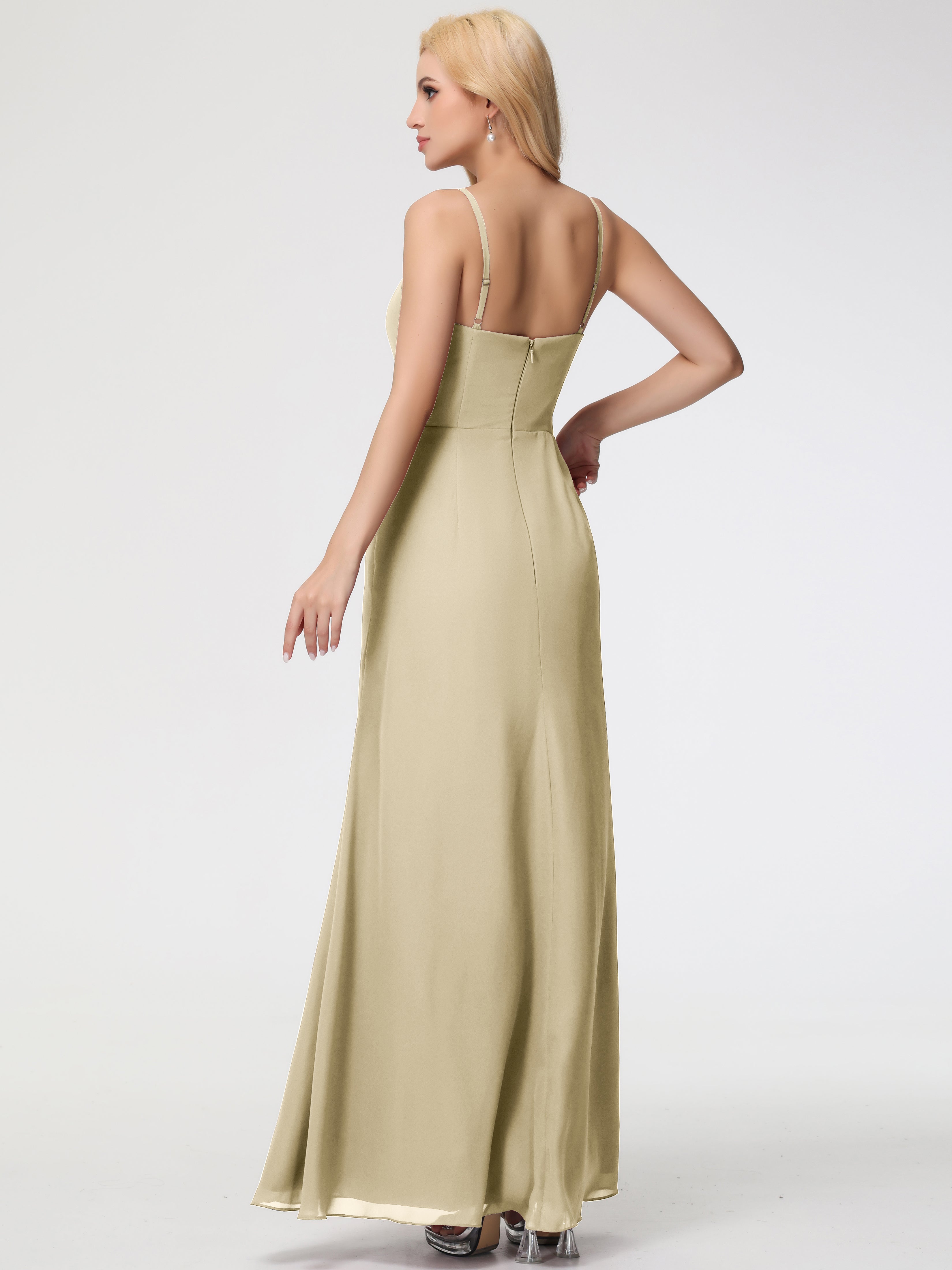 V-Neck Sheath/Column Sleeveless Spaghetti Straps Chiffon Bridesmaid Dresses With Split