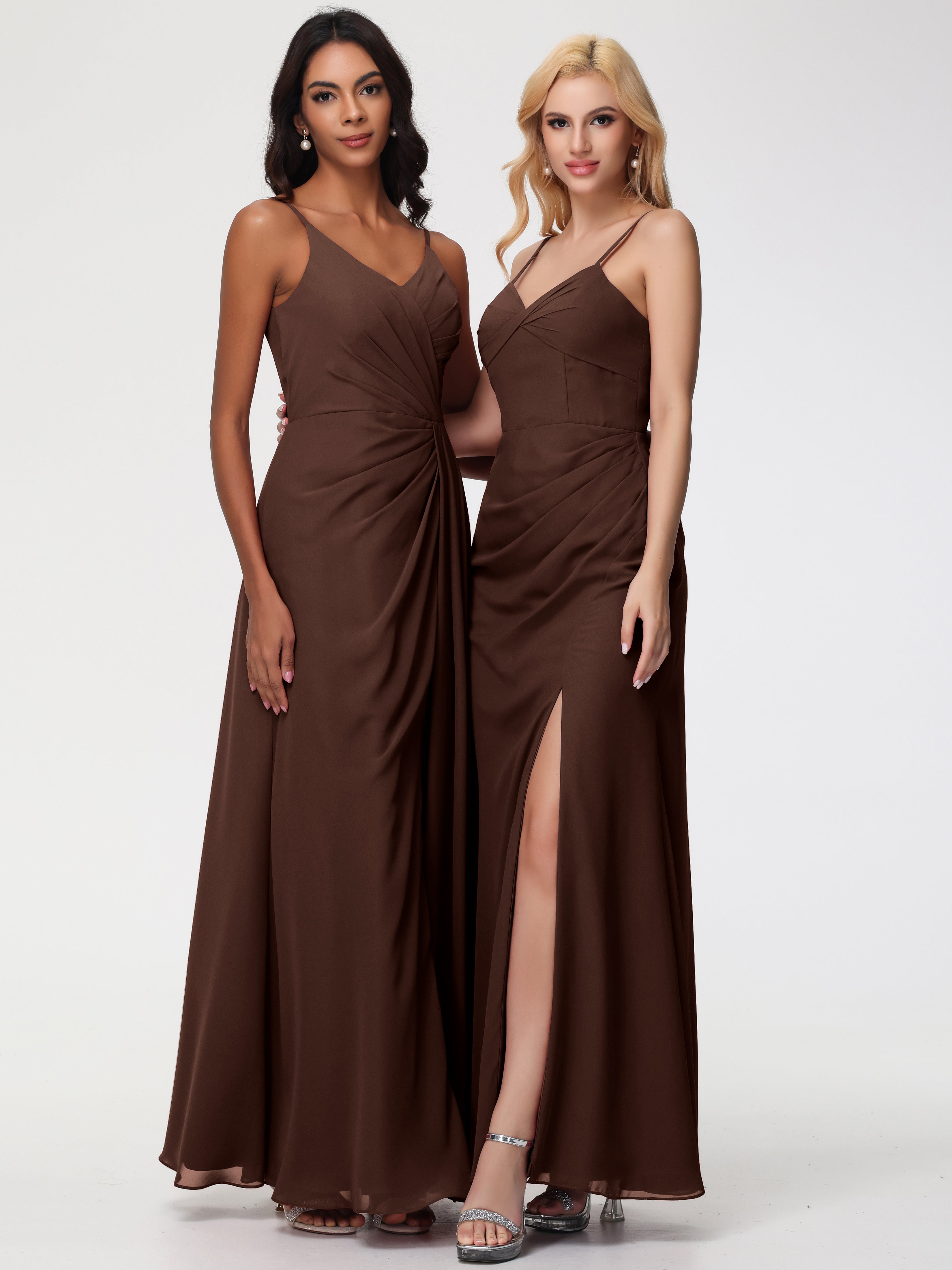 V-Neck Sheath/Column Sleeveless Spaghetti Straps Chiffon Bridesmaid Dresses With Split