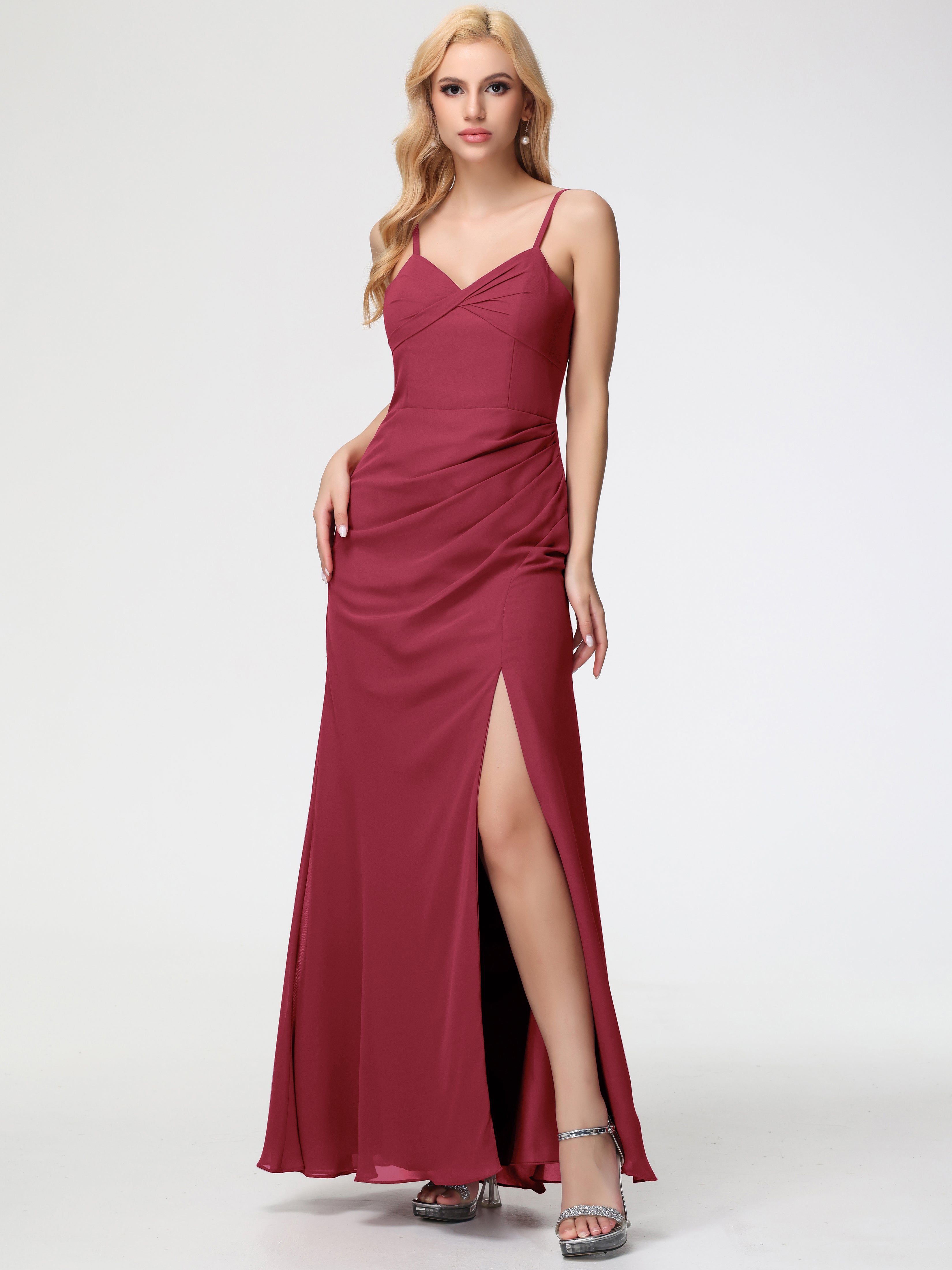 V-Neck Sheath/Column Sleeveless Spaghetti Straps Chiffon Bridesmaid Dresses With Split