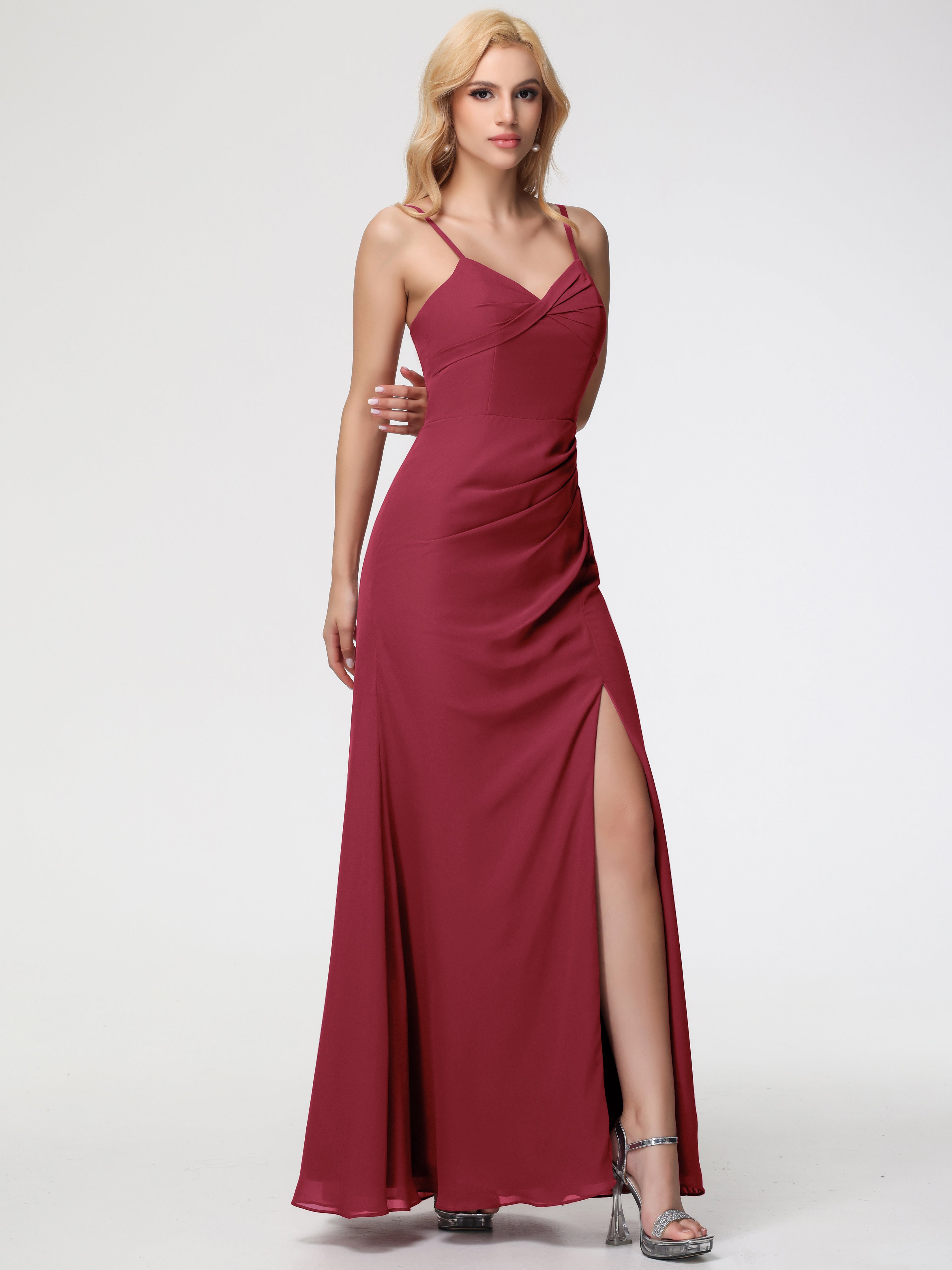 V-Neck Sheath/Column Sleeveless Spaghetti Straps Chiffon Bridesmaid Dresses With Split