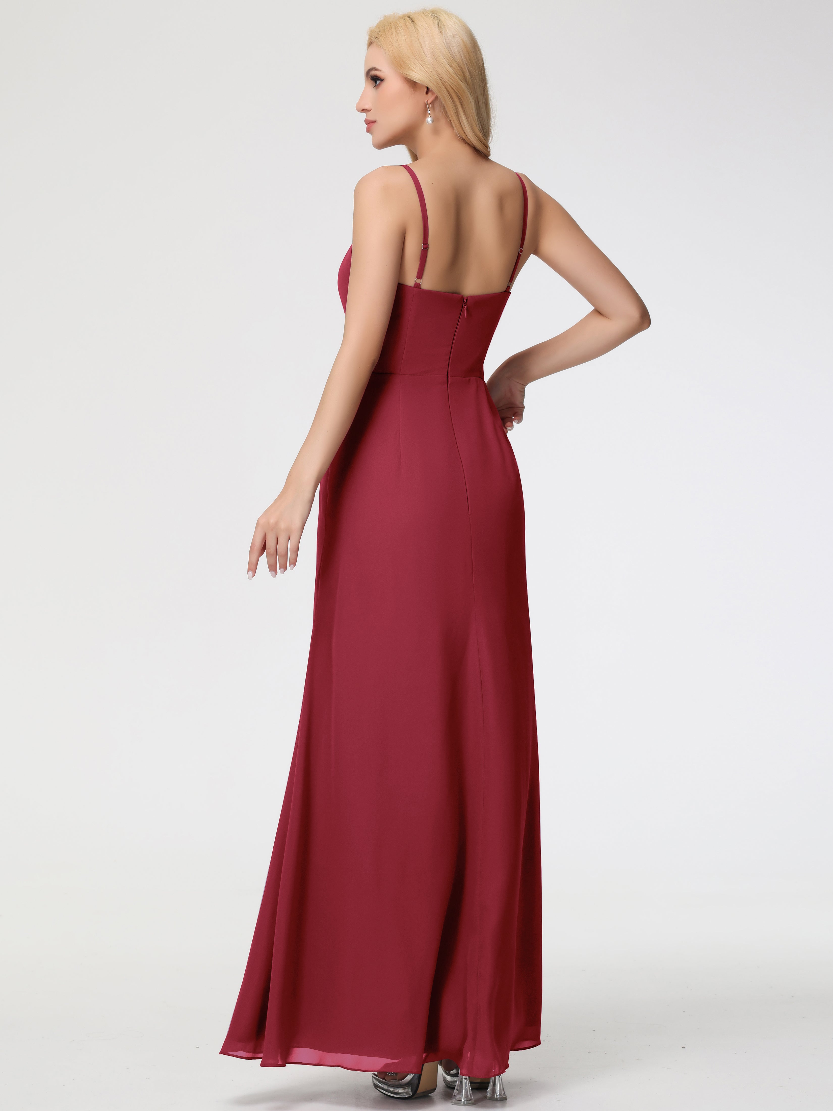 V-Neck Sheath/Column Sleeveless Spaghetti Straps Chiffon Bridesmaid Dresses With Split