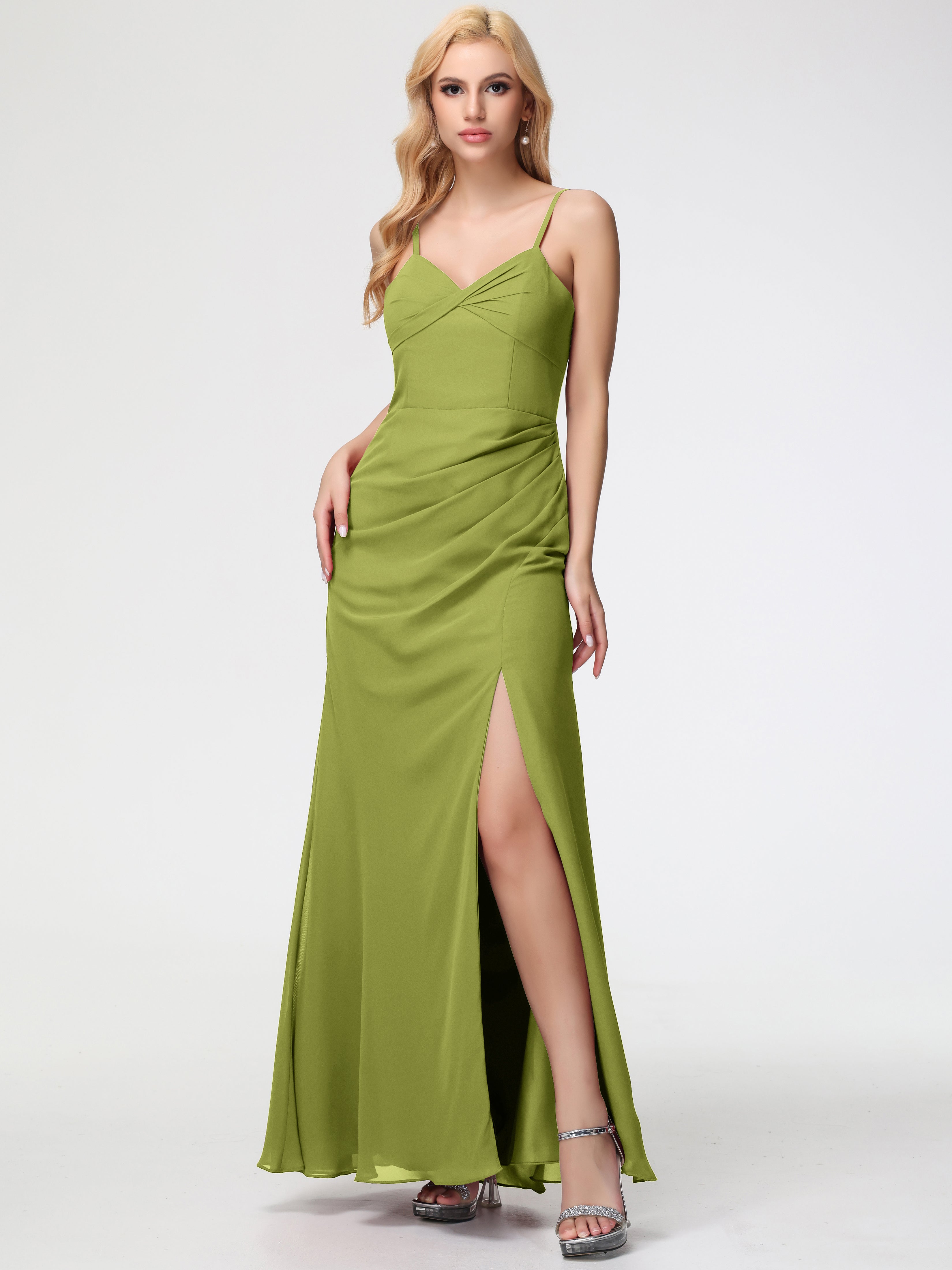 V-Neck Sheath/Column Sleeveless Spaghetti Straps Chiffon Bridesmaid Dresses With Split