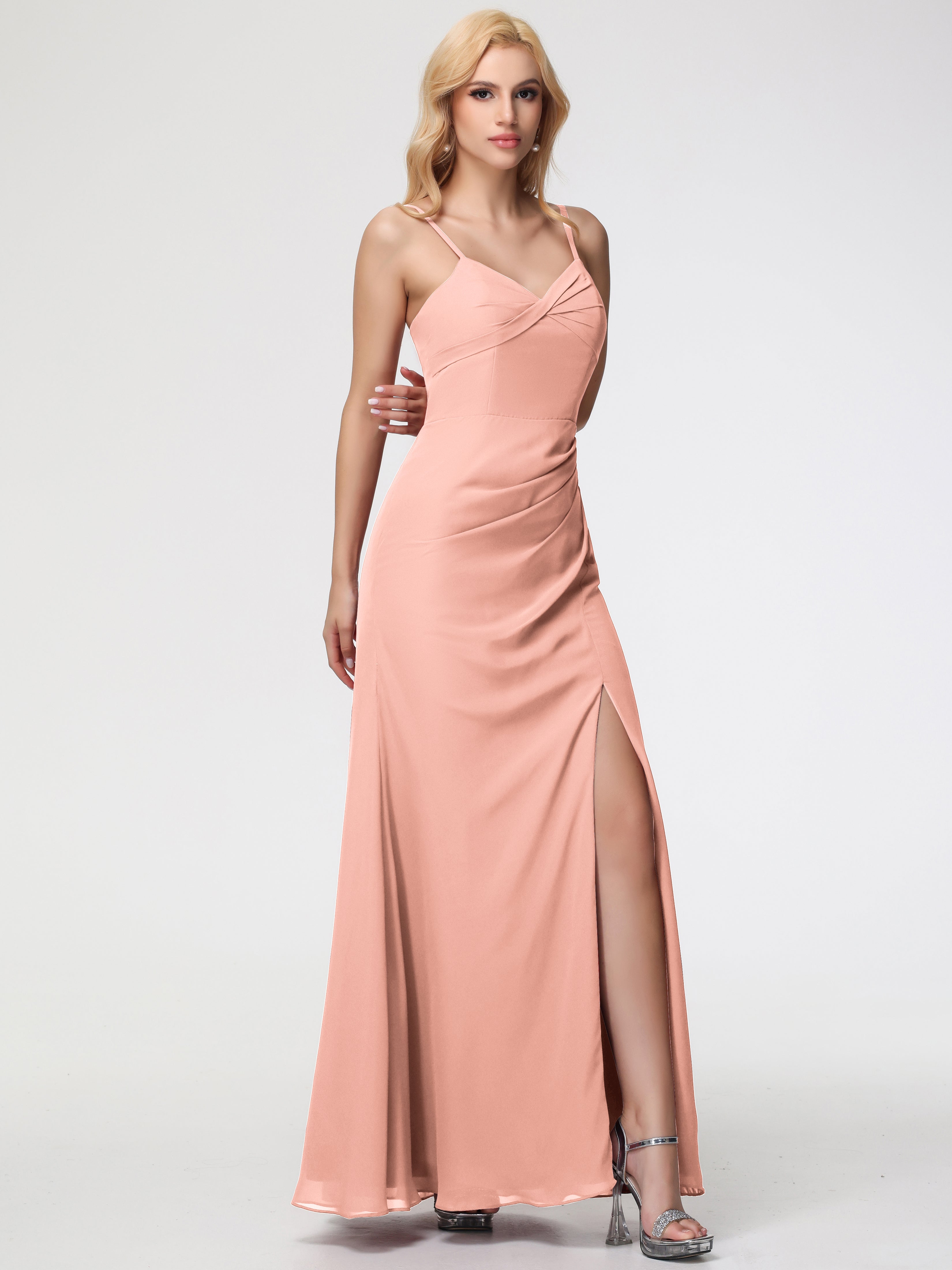 V-Neck Sheath/Column Sleeveless Spaghetti Straps Chiffon Bridesmaid Dresses With Split