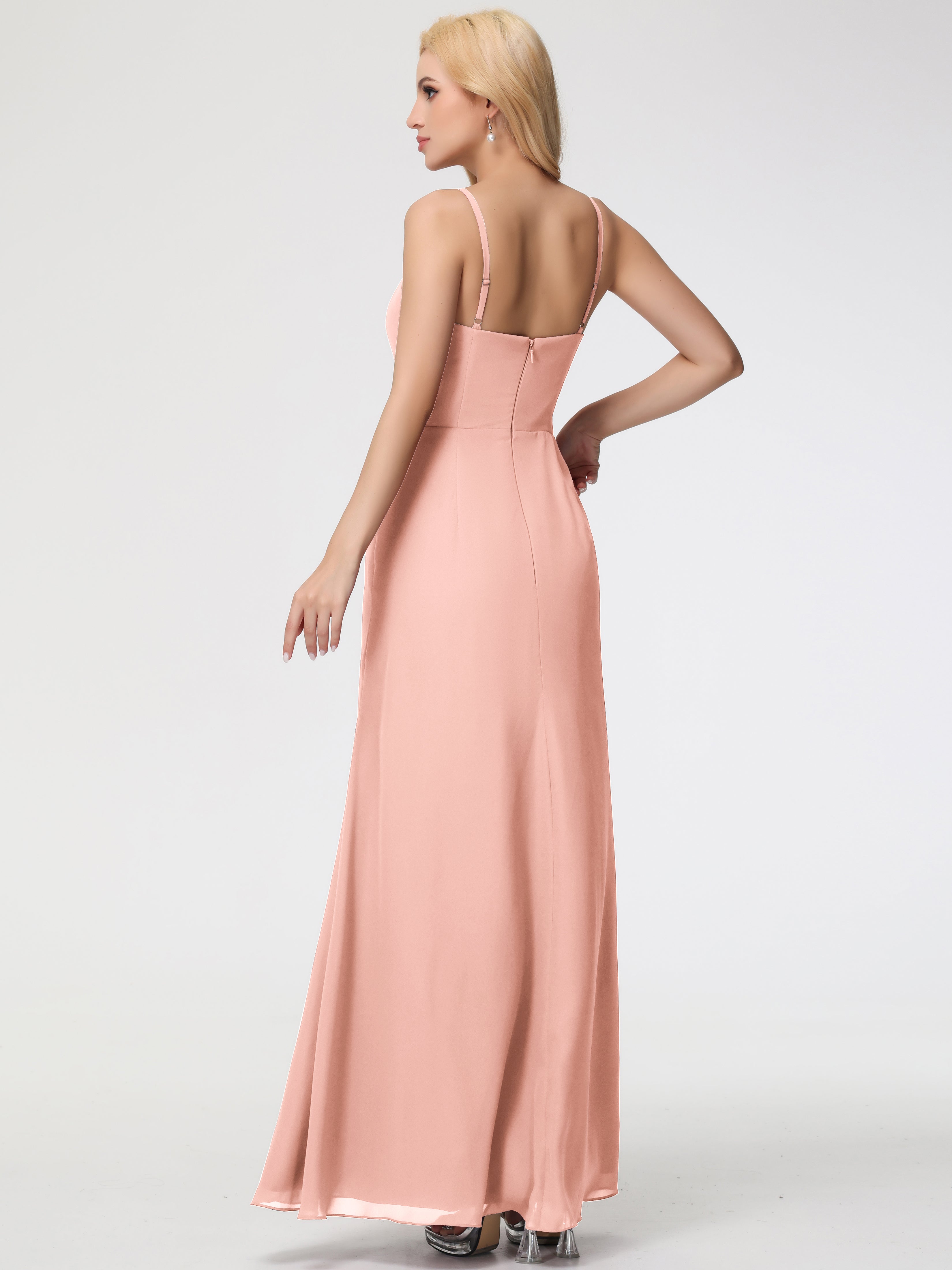 V-Neck Sheath/Column Sleeveless Spaghetti Straps Chiffon Bridesmaid Dresses With Split