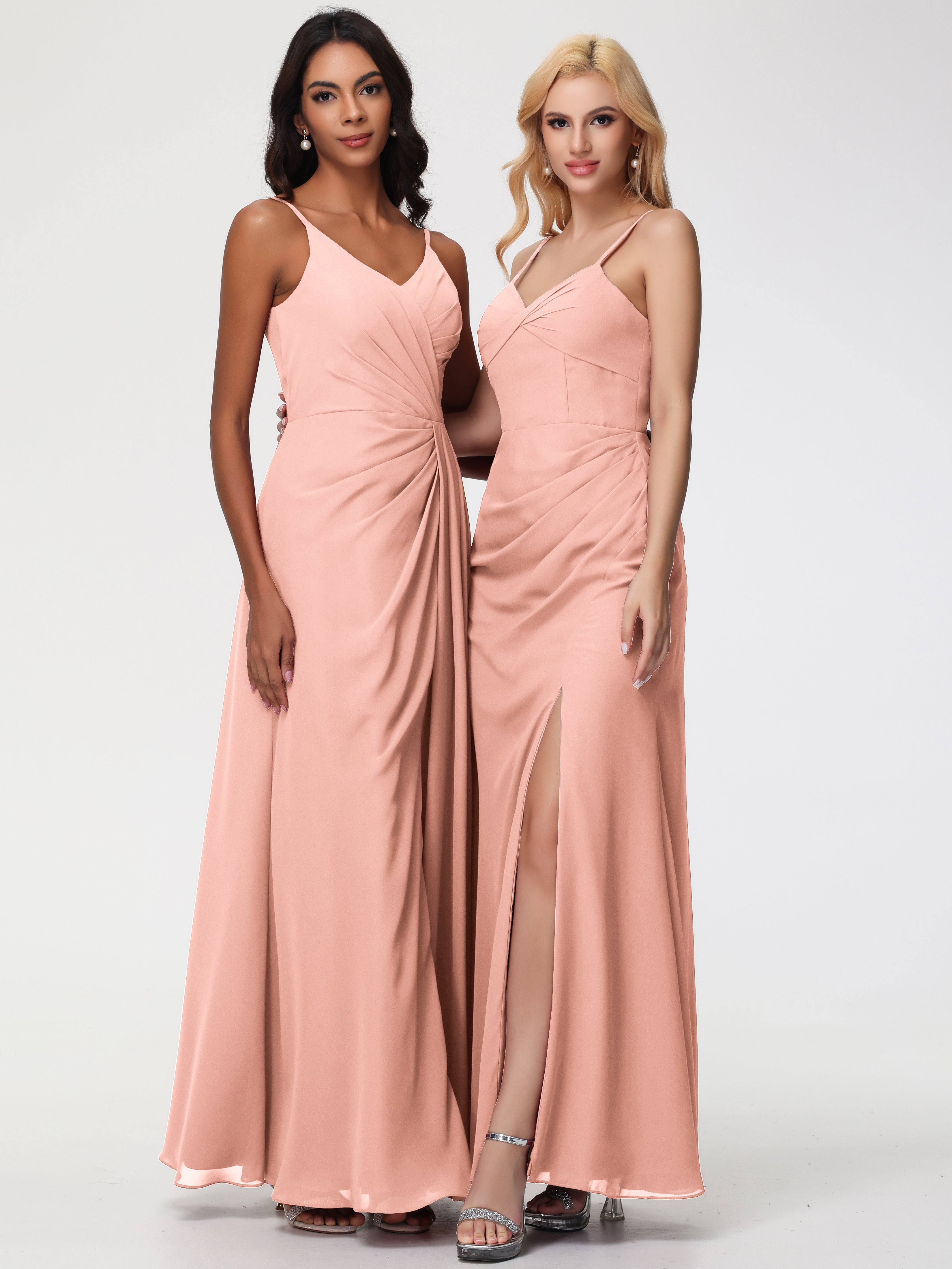 V-Neck Sheath/Column Sleeveless Spaghetti Straps Chiffon Bridesmaid Dresses With Split