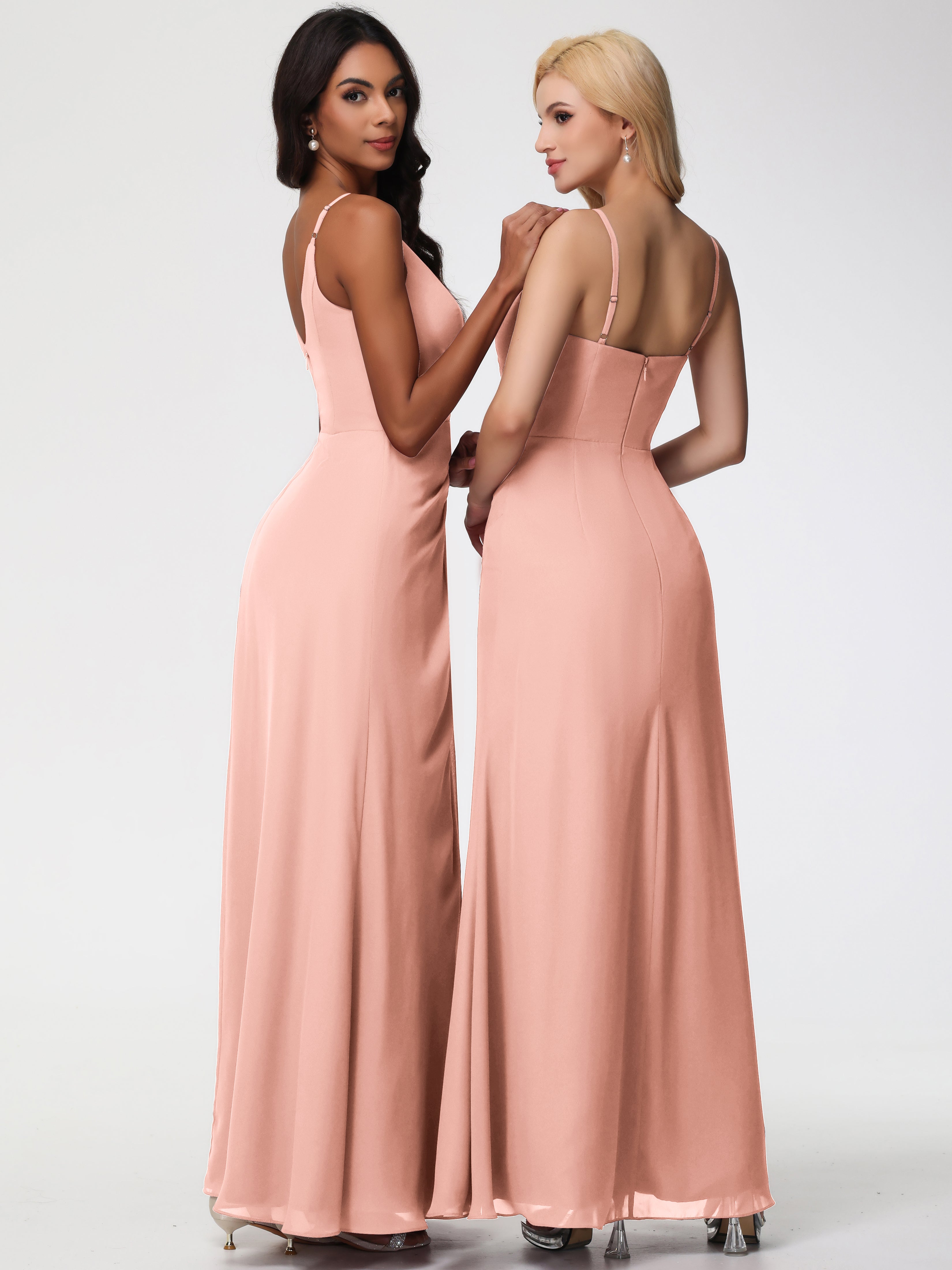 V-Neck Sheath/Column Sleeveless Spaghetti Straps Chiffon Bridesmaid Dresses With Split