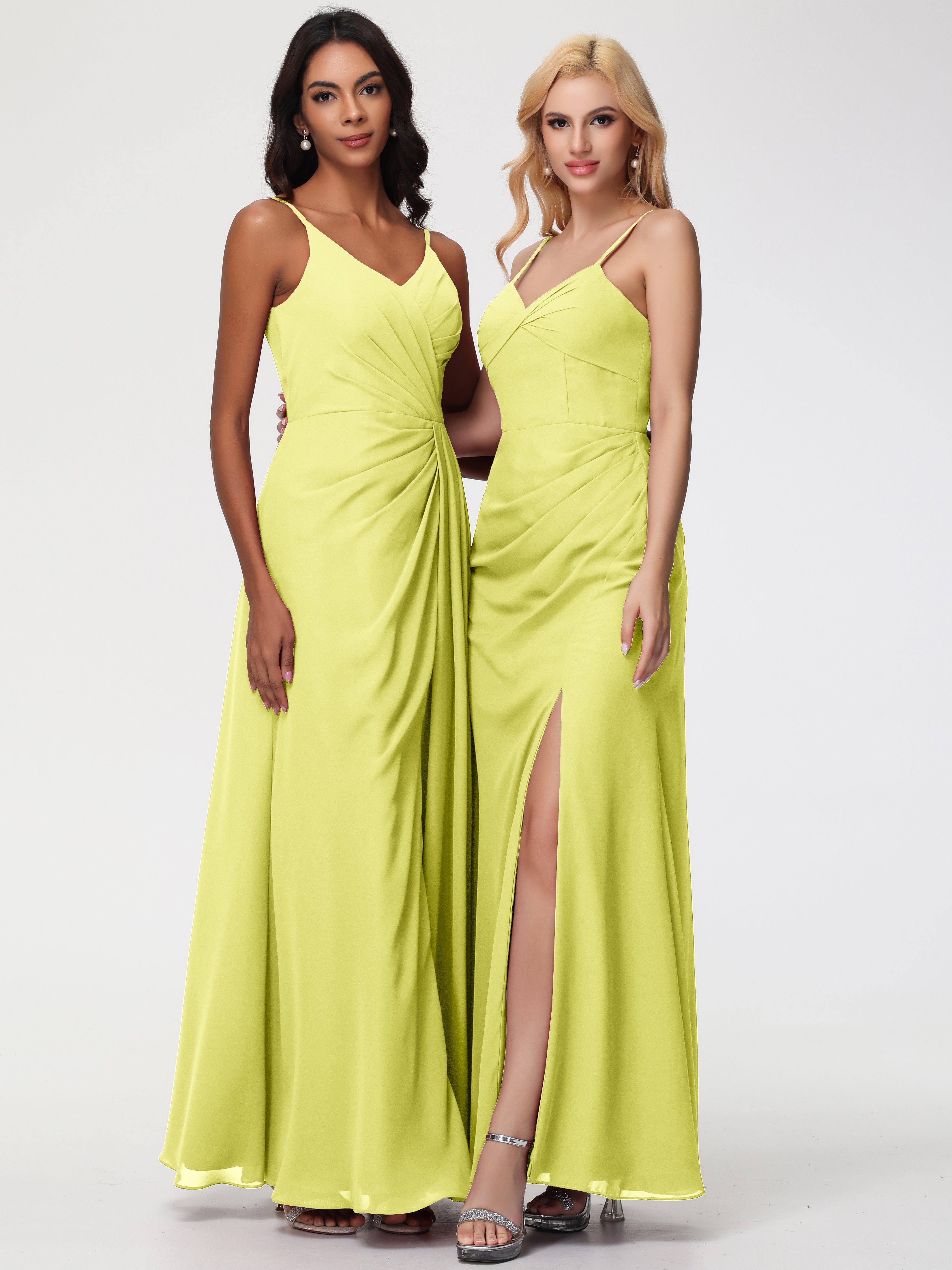 V-Neck Sheath/Column Sleeveless Spaghetti Straps Chiffon Bridesmaid Dresses With Split