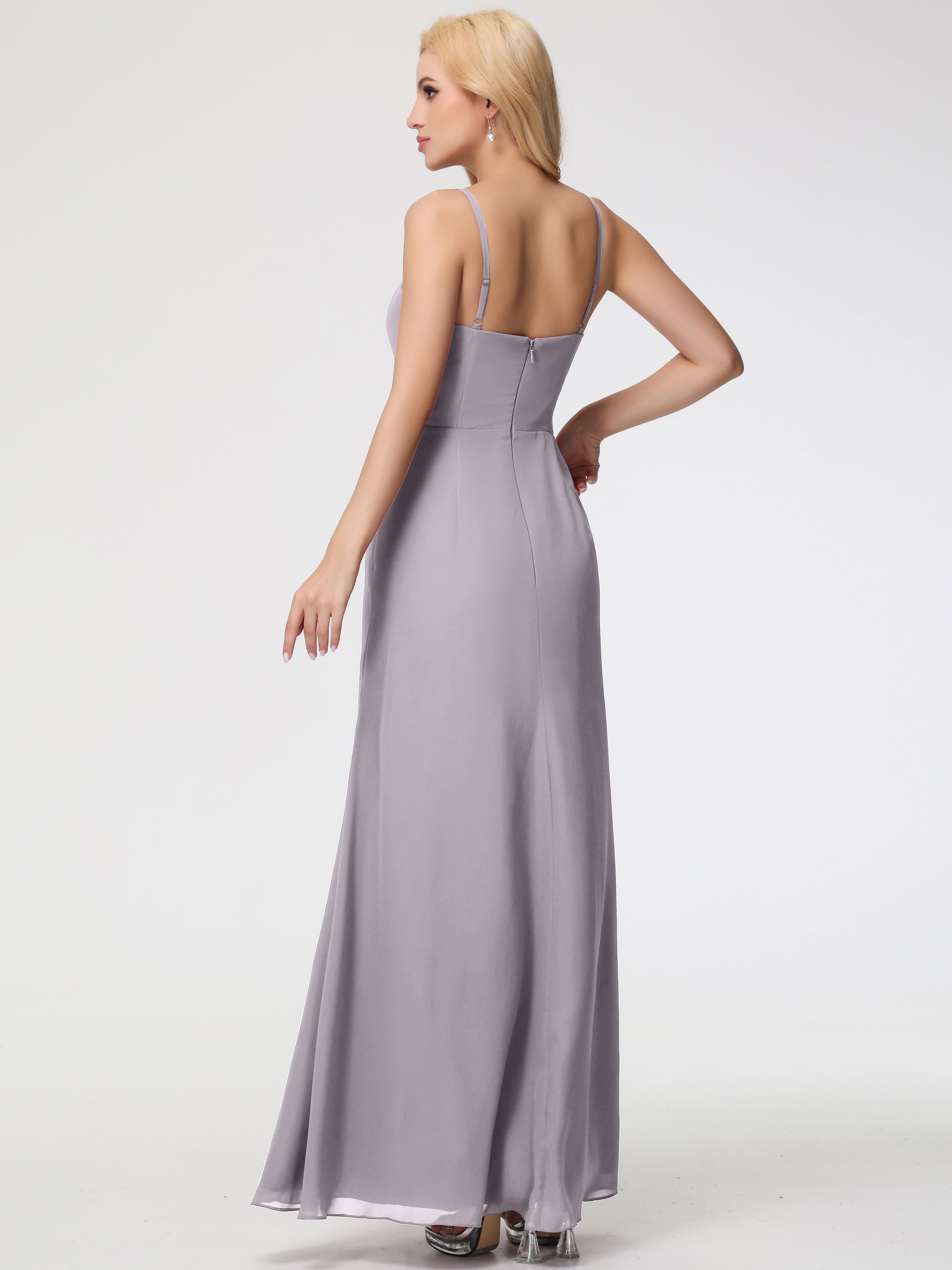 V-Neck Sheath/Column Sleeveless Spaghetti Straps Chiffon Bridesmaid Dresses With Split