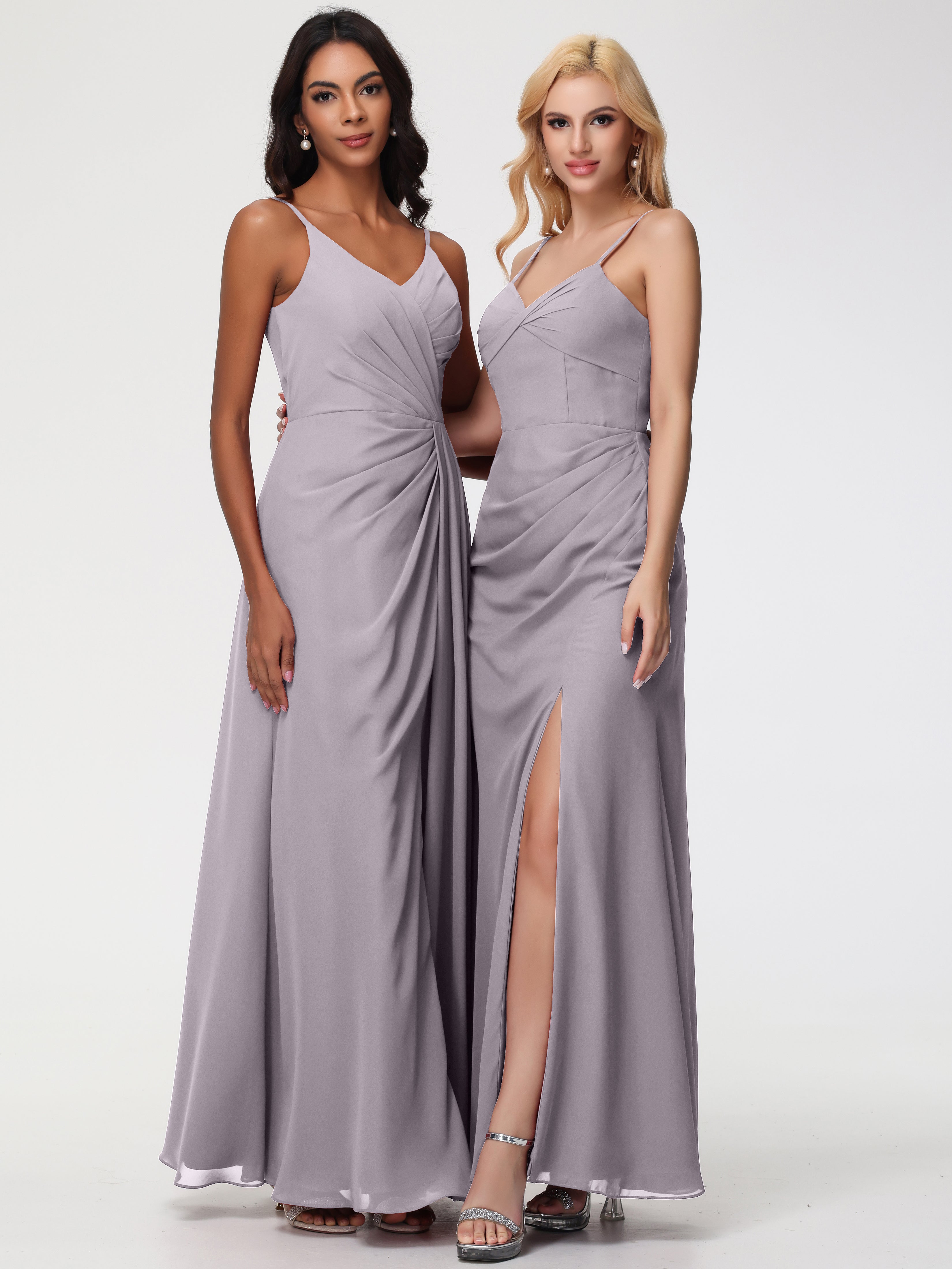 V-Neck Sheath/Column Sleeveless Spaghetti Straps Chiffon Bridesmaid Dresses With Split