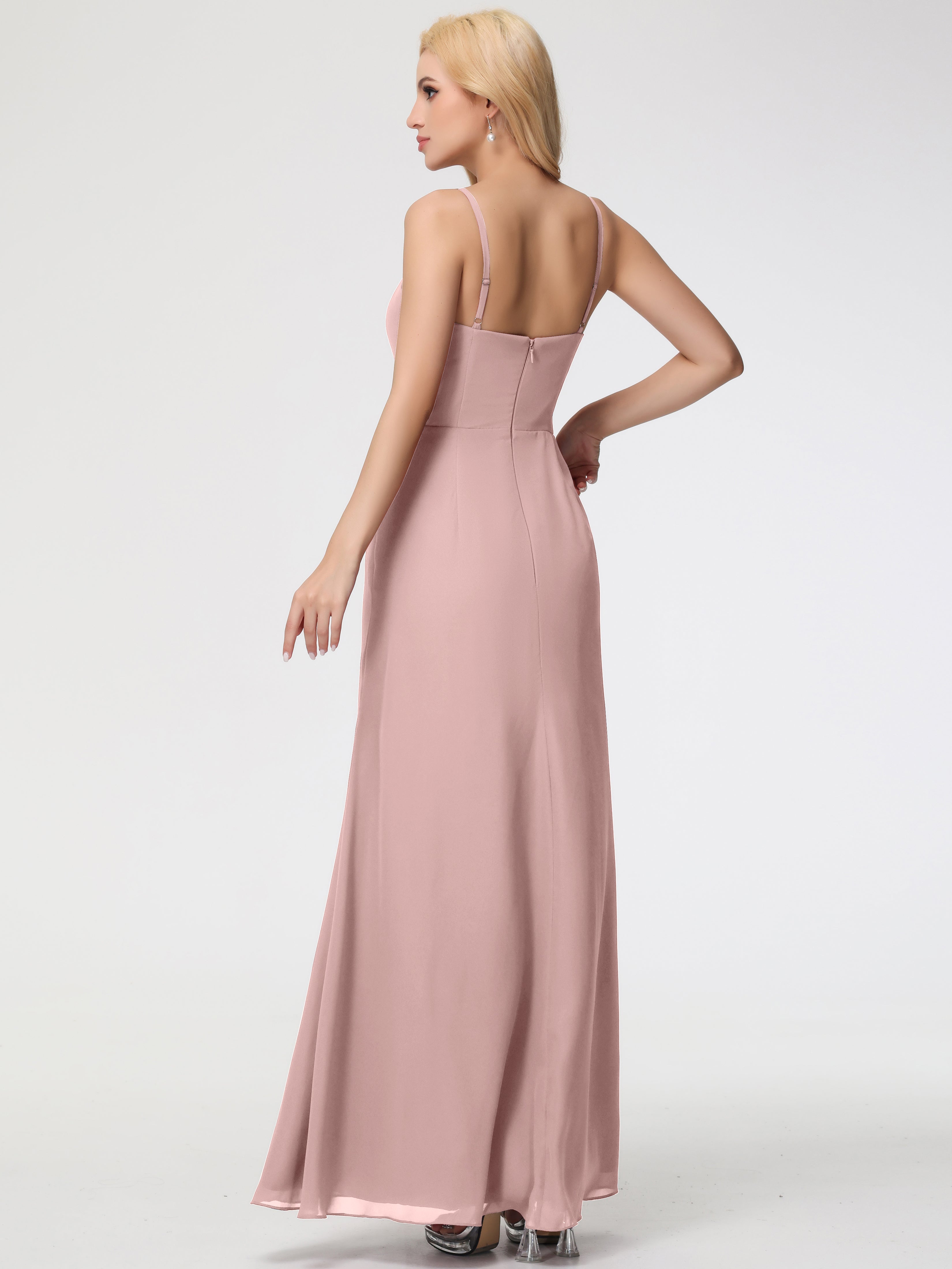 V-Neck Sheath/Column Sleeveless Spaghetti Straps Chiffon Bridesmaid Dresses With Split
