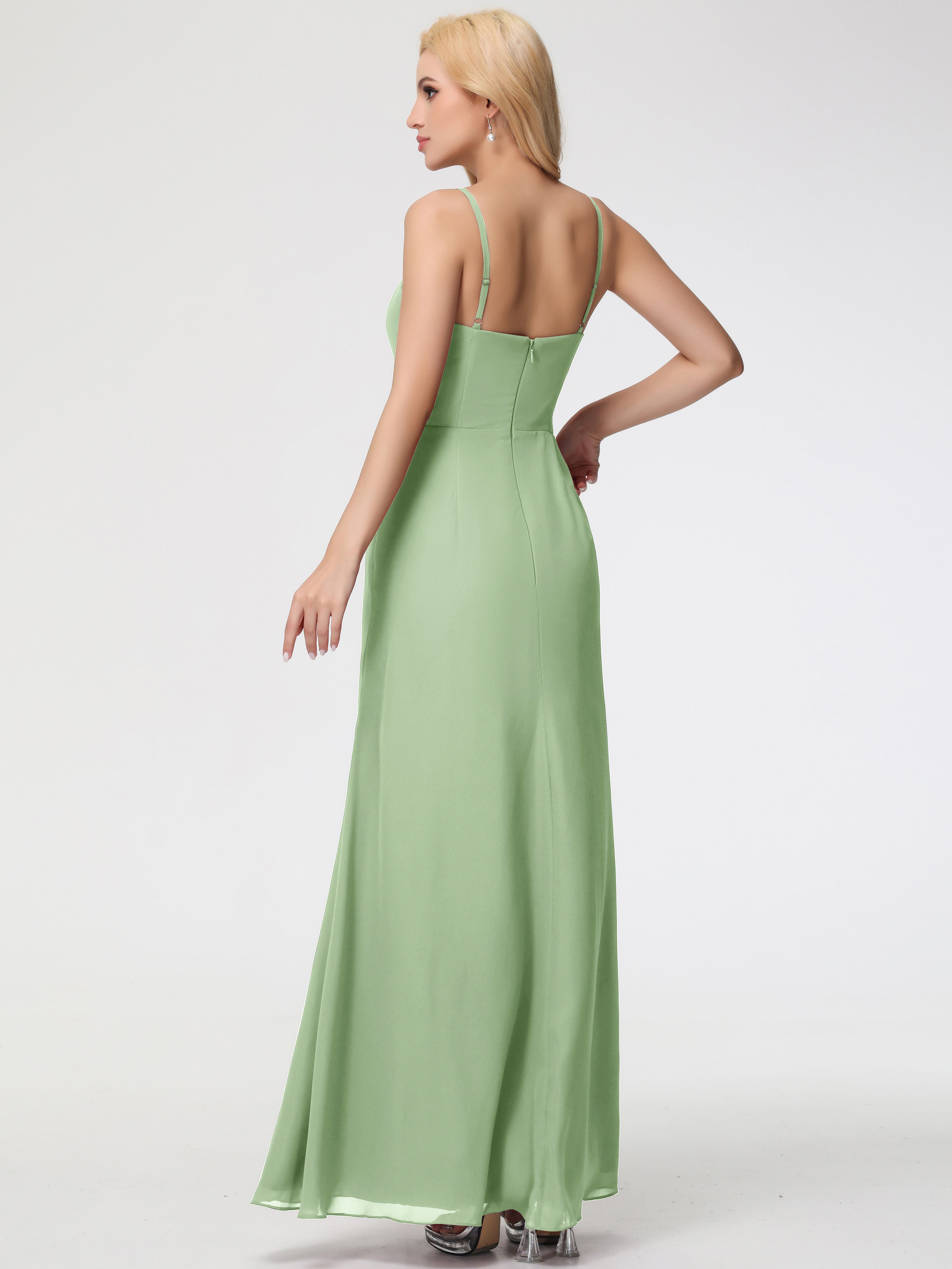 V-Neck Sheath/Column Sleeveless Spaghetti Straps Chiffon Bridesmaid Dresses With Split