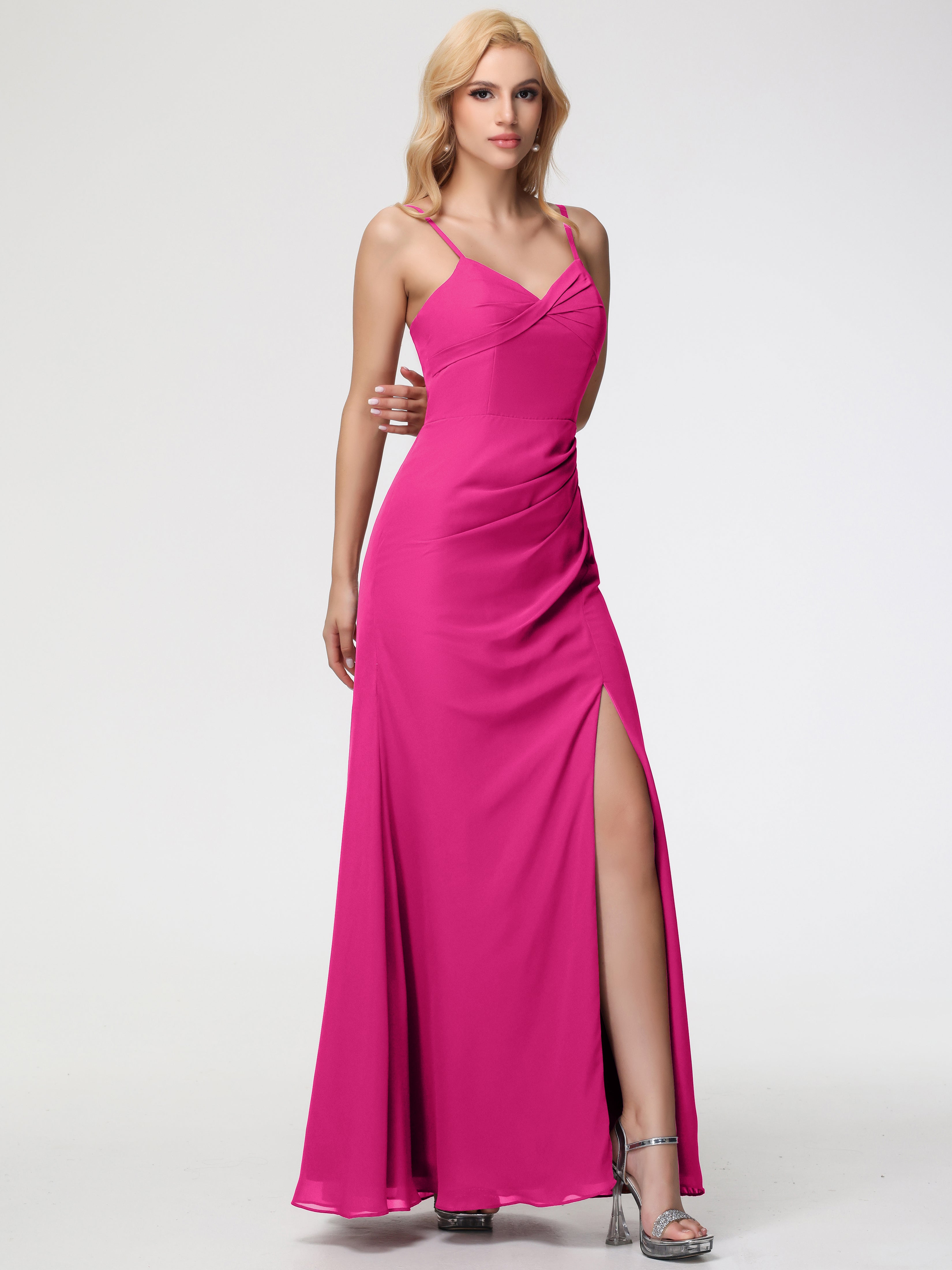 V-Neck Sheath/Column Sleeveless Spaghetti Straps Chiffon Bridesmaid Dresses With Split