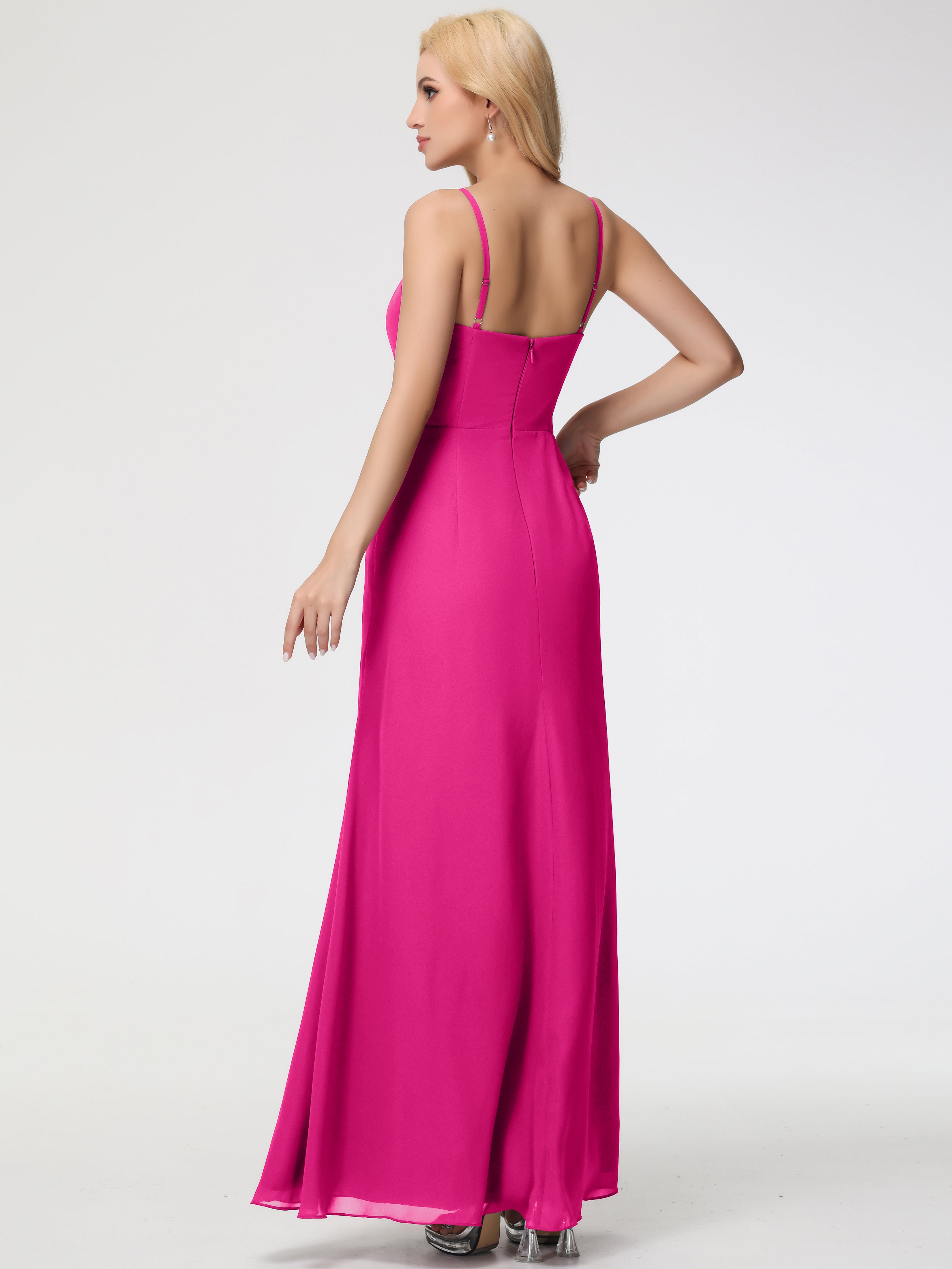 V-Neck Sheath/Column Sleeveless Spaghetti Straps Chiffon Bridesmaid Dresses With Split