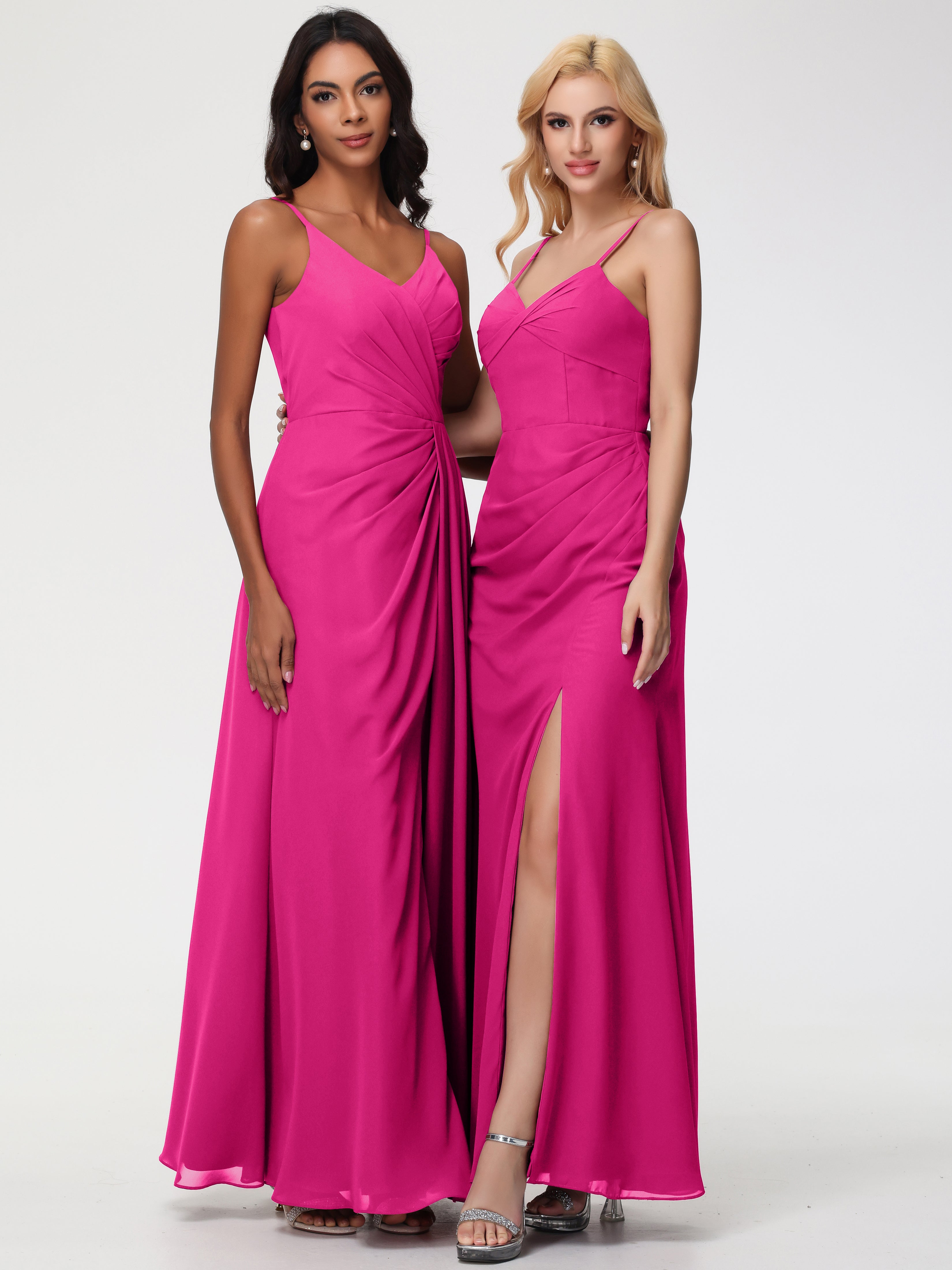 V-Neck Sheath/Column Sleeveless Spaghetti Straps Chiffon Bridesmaid Dresses With Split