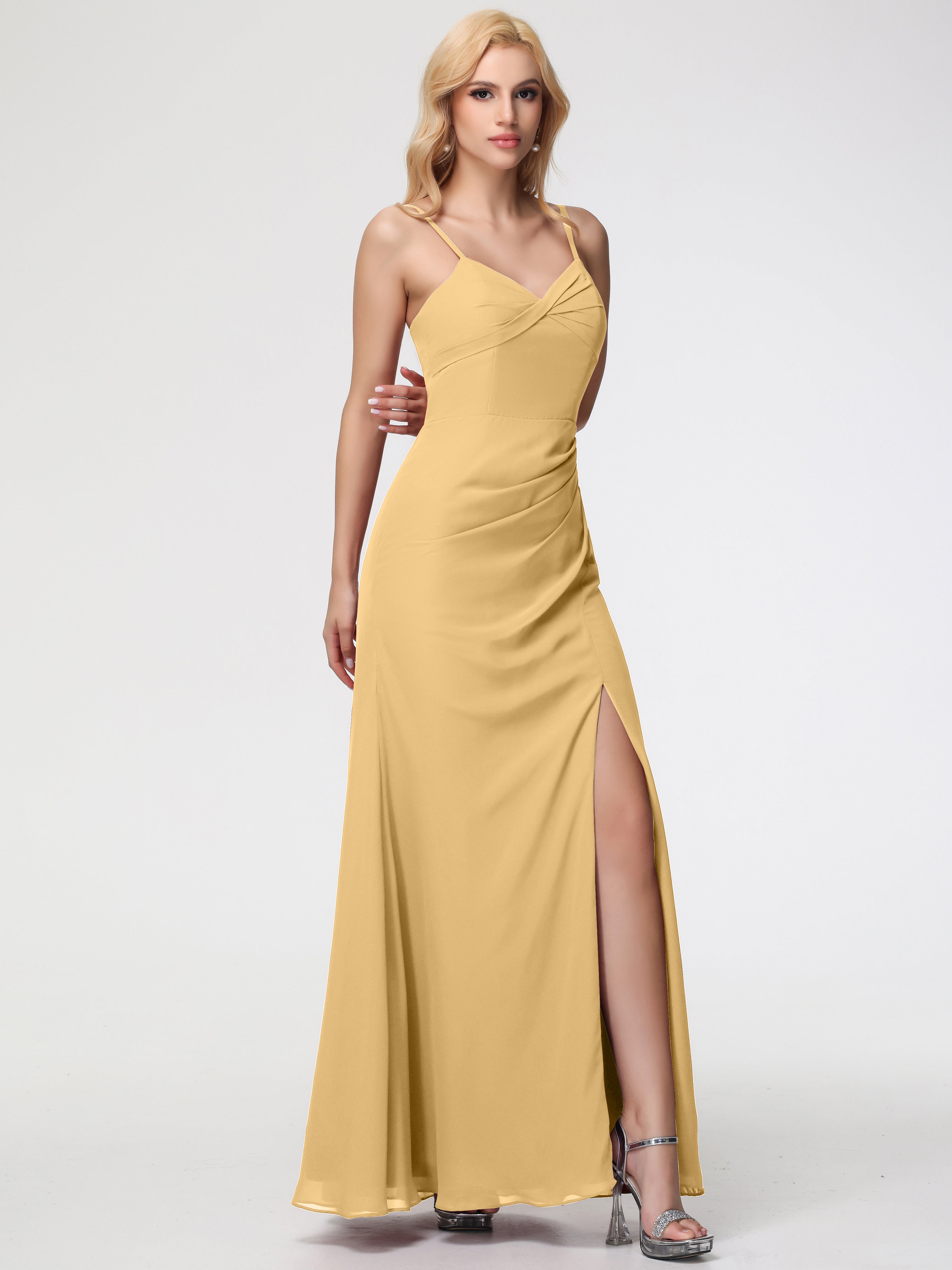 V-Neck Sheath/Column Sleeveless Spaghetti Straps Chiffon Bridesmaid Dresses With Split