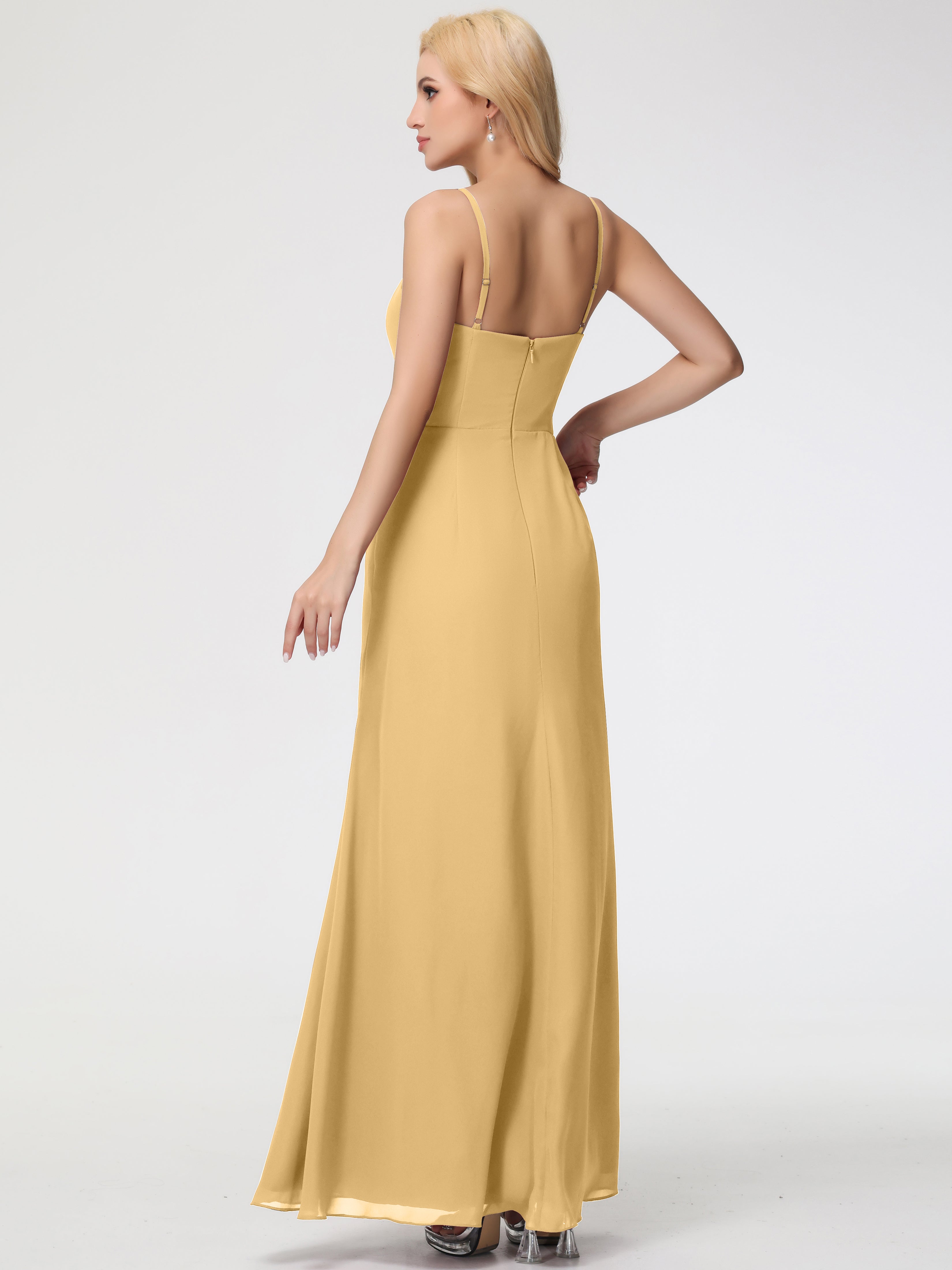 V-Neck Sheath/Column Sleeveless Spaghetti Straps Chiffon Bridesmaid Dresses With Split