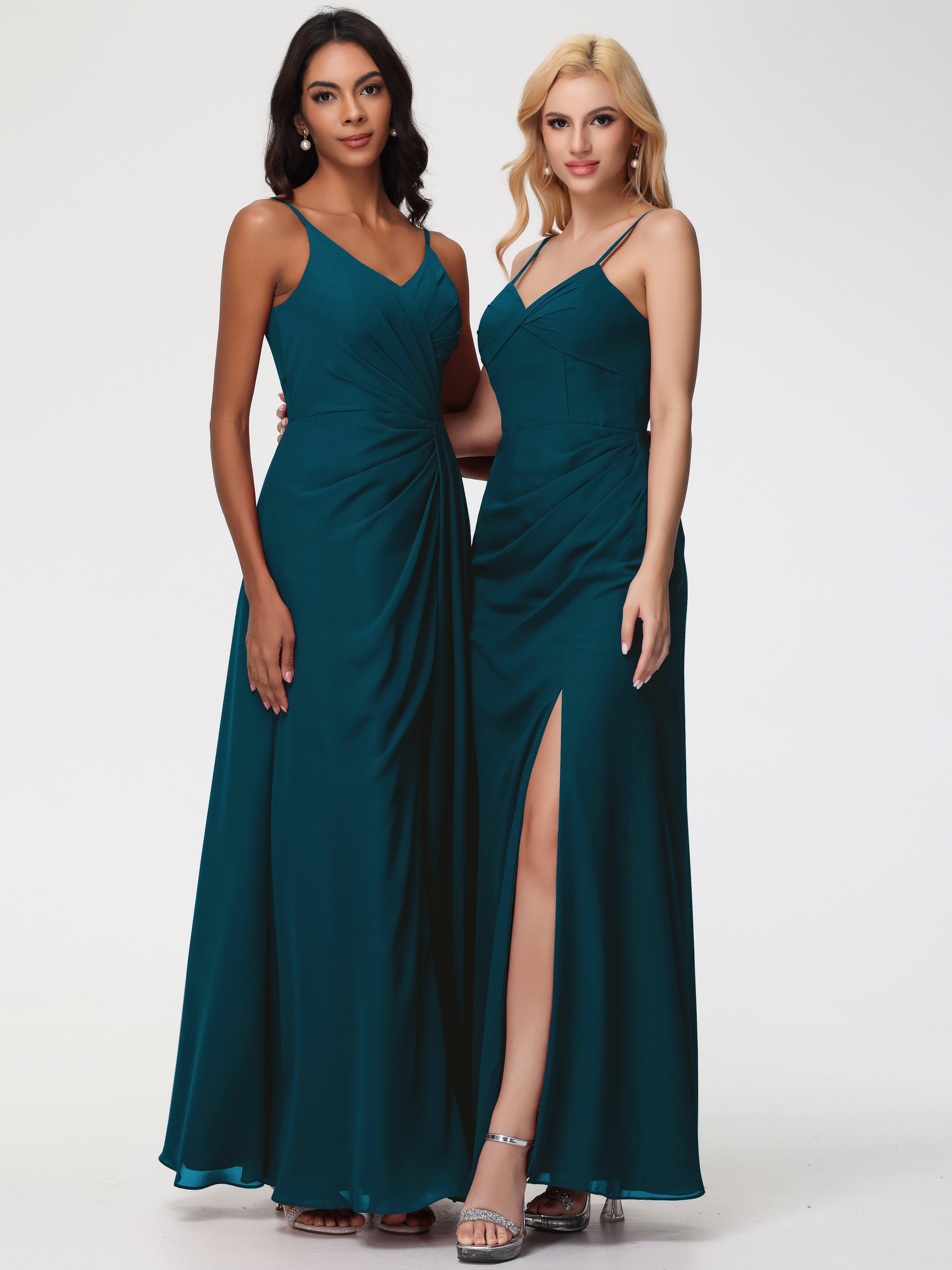 V-Neck Sheath/Column Sleeveless Spaghetti Straps Chiffon Bridesmaid Dresses With Split