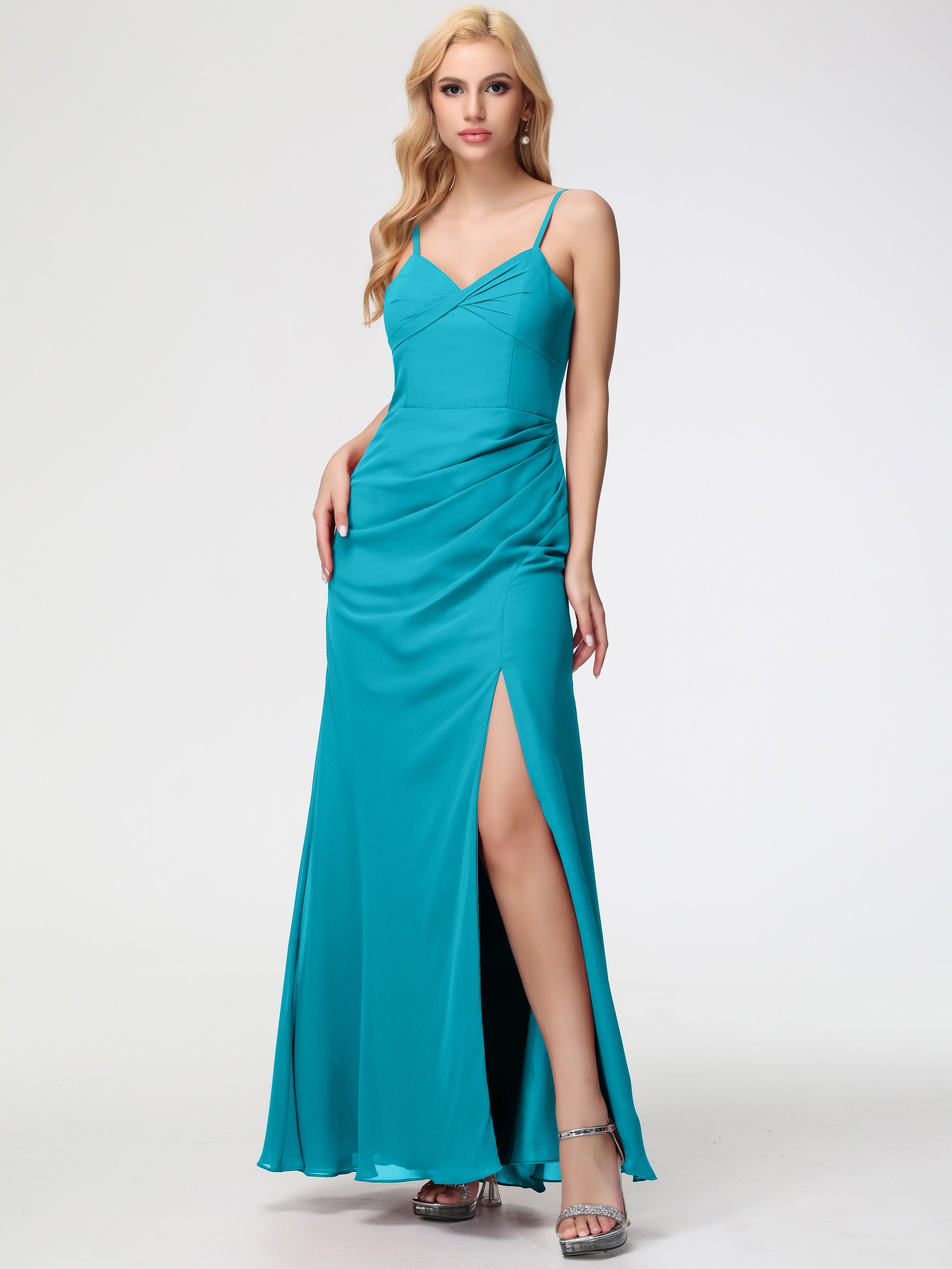 V-Neck Sheath/Column Sleeveless Spaghetti Straps Chiffon Bridesmaid Dresses With Split