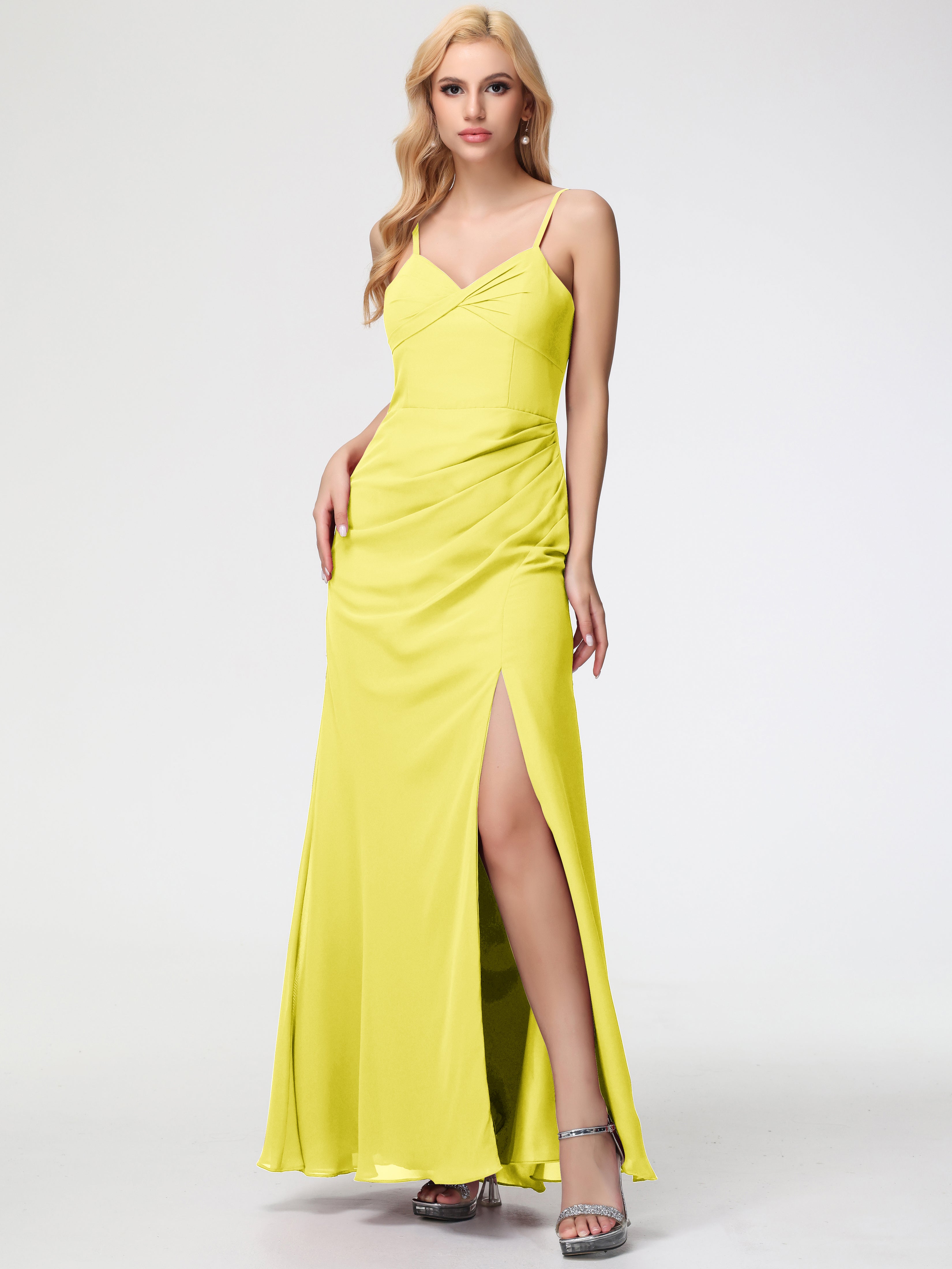 V-Neck Sheath/Column Sleeveless Spaghetti Straps Chiffon Bridesmaid Dresses With Split