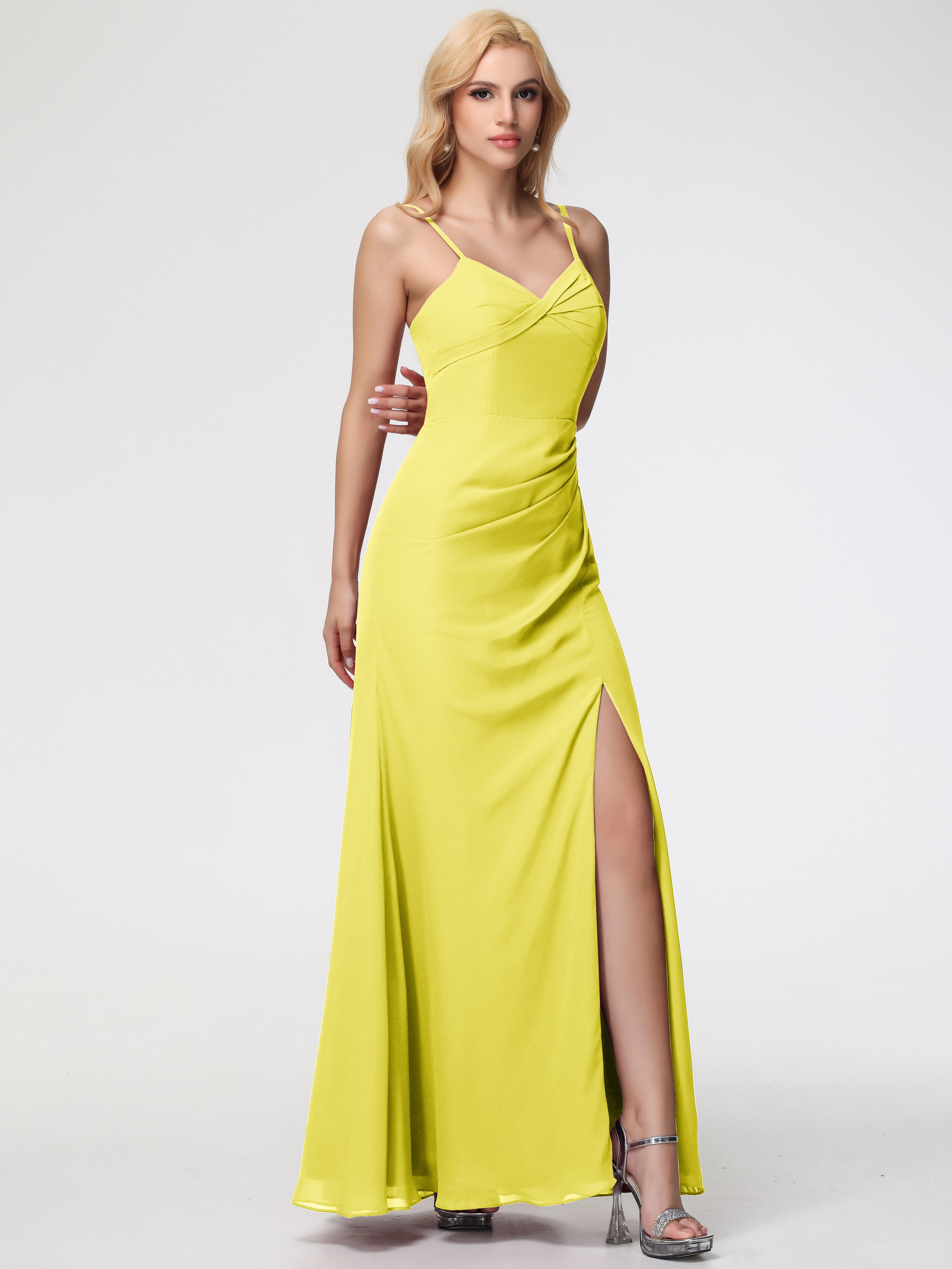 V-Neck Sheath/Column Sleeveless Spaghetti Straps Chiffon Bridesmaid Dresses With Split