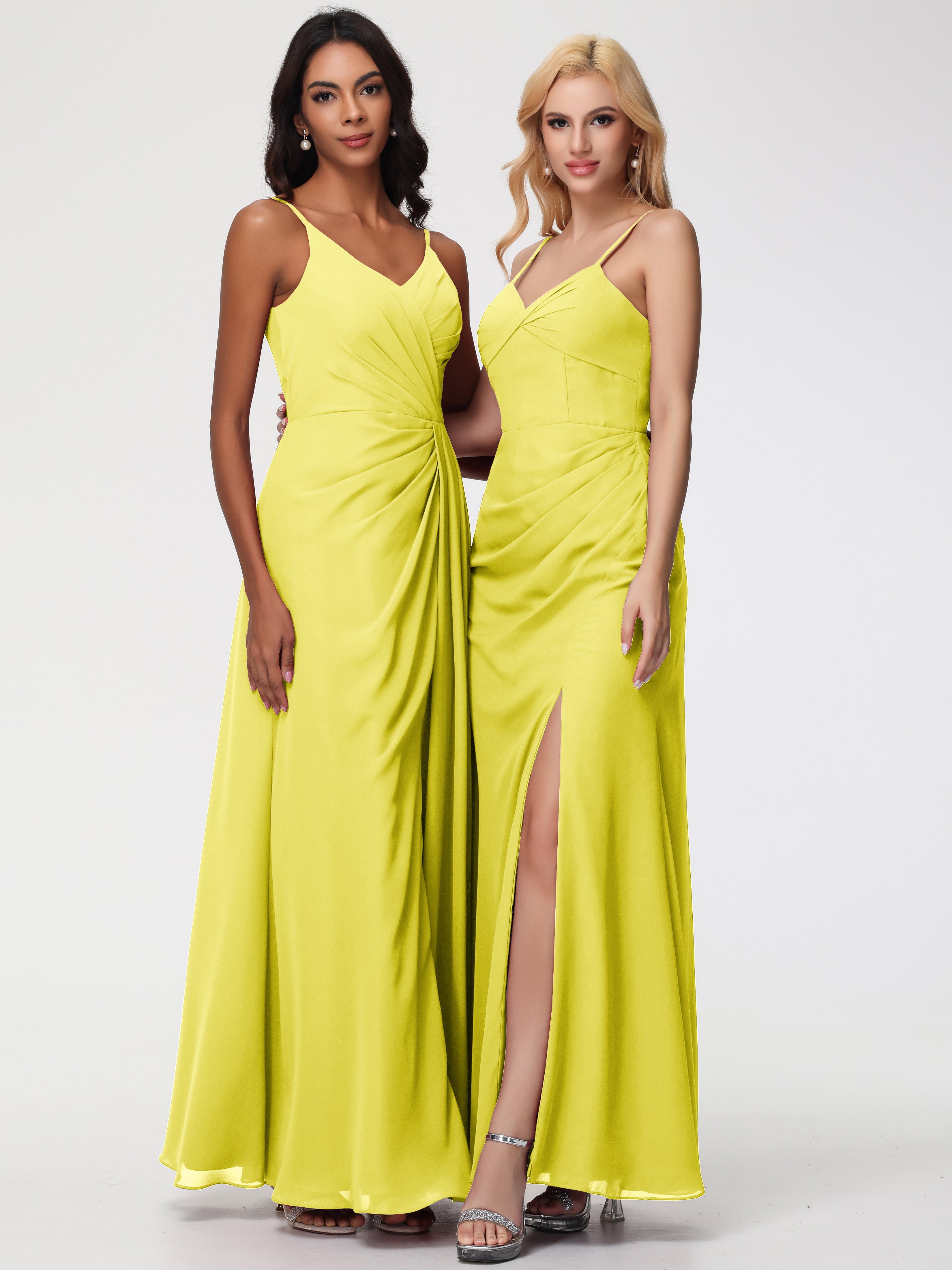 V-Neck Sheath/Column Sleeveless Spaghetti Straps Chiffon Bridesmaid Dresses With Split