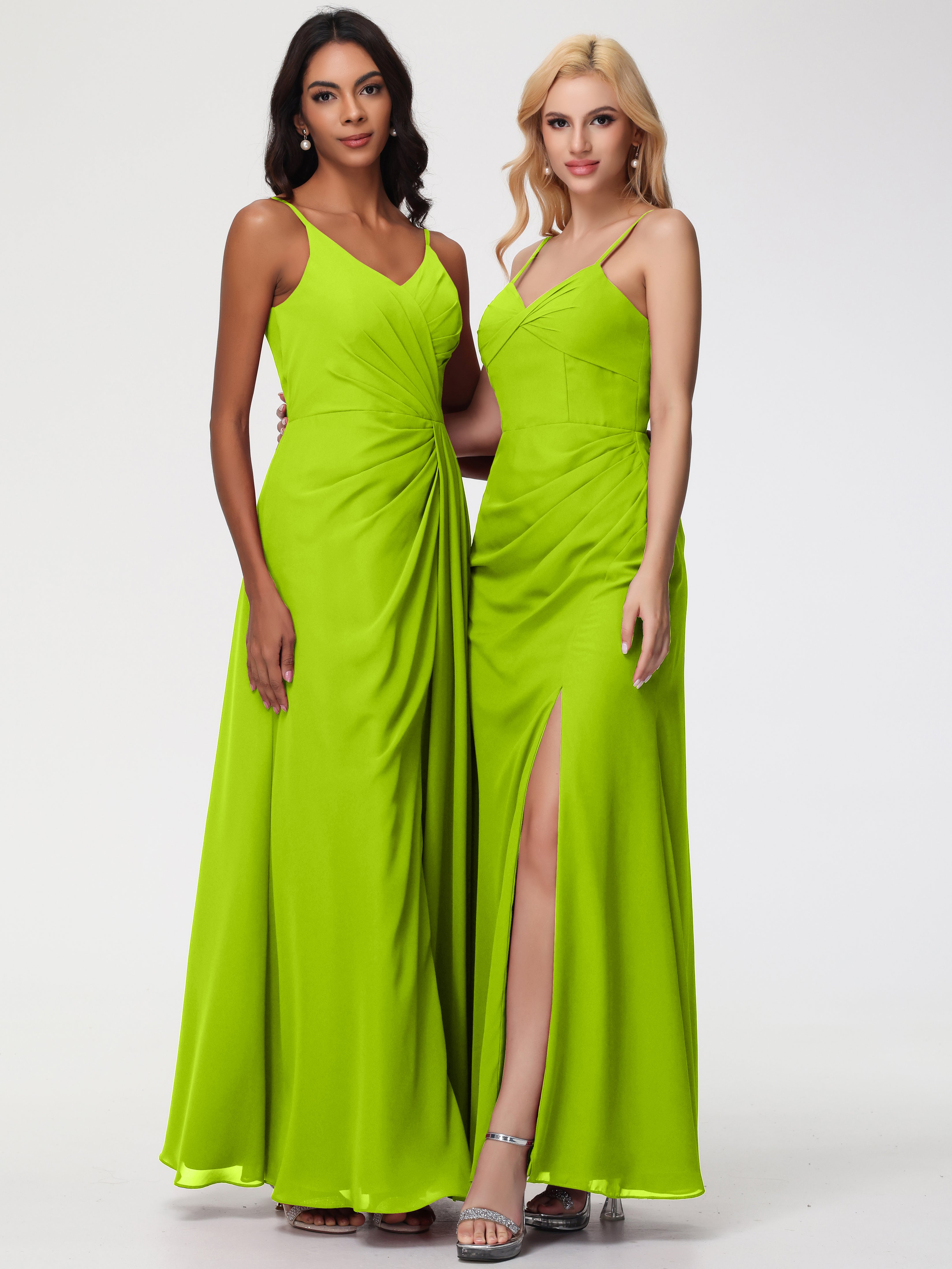 V-Neck Sheath/Column Sleeveless Spaghetti Straps Chiffon Bridesmaid Dresses With Split