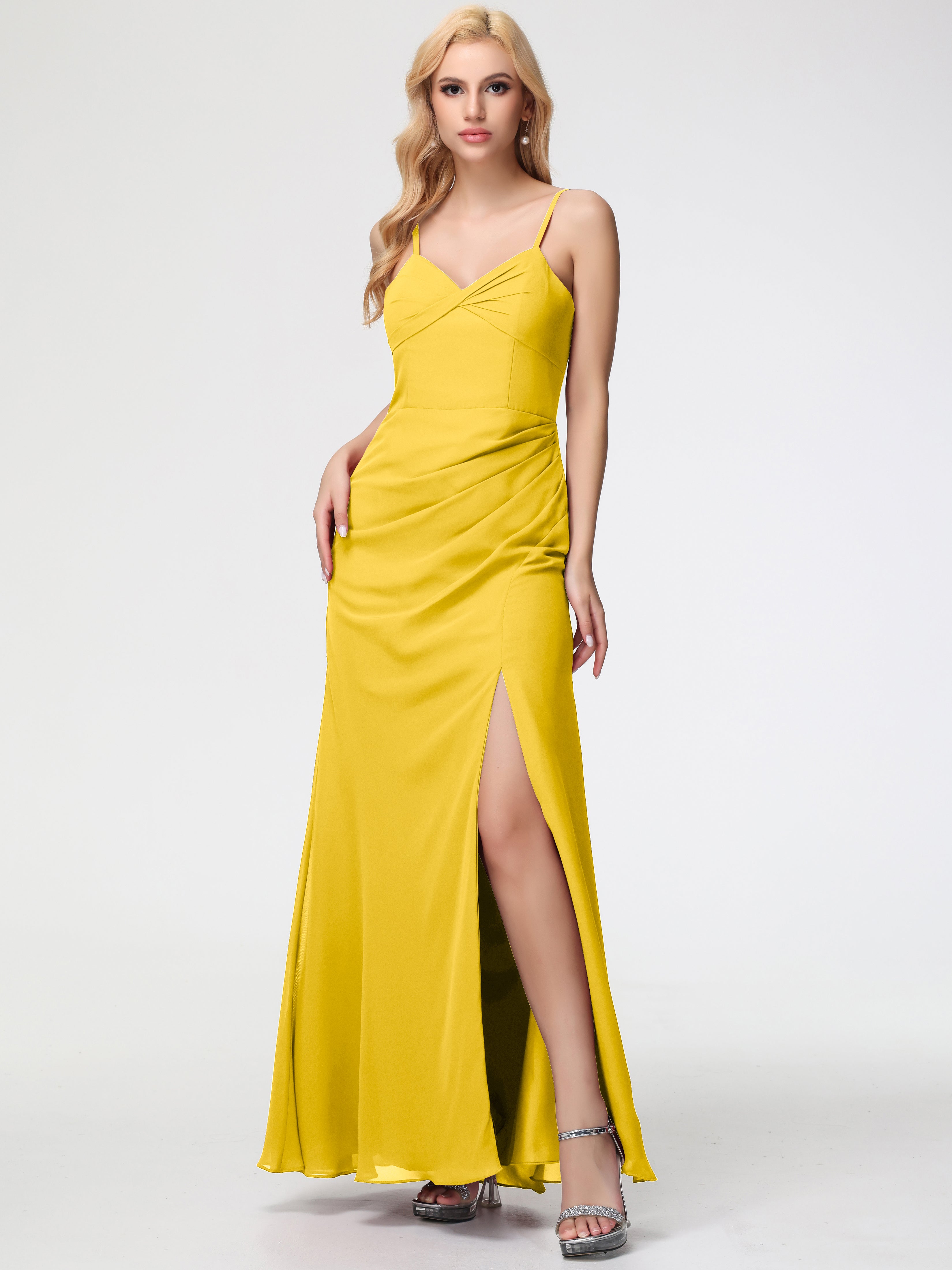 V-Neck Sheath/Column Sleeveless Spaghetti Straps Chiffon Bridesmaid Dresses With Split