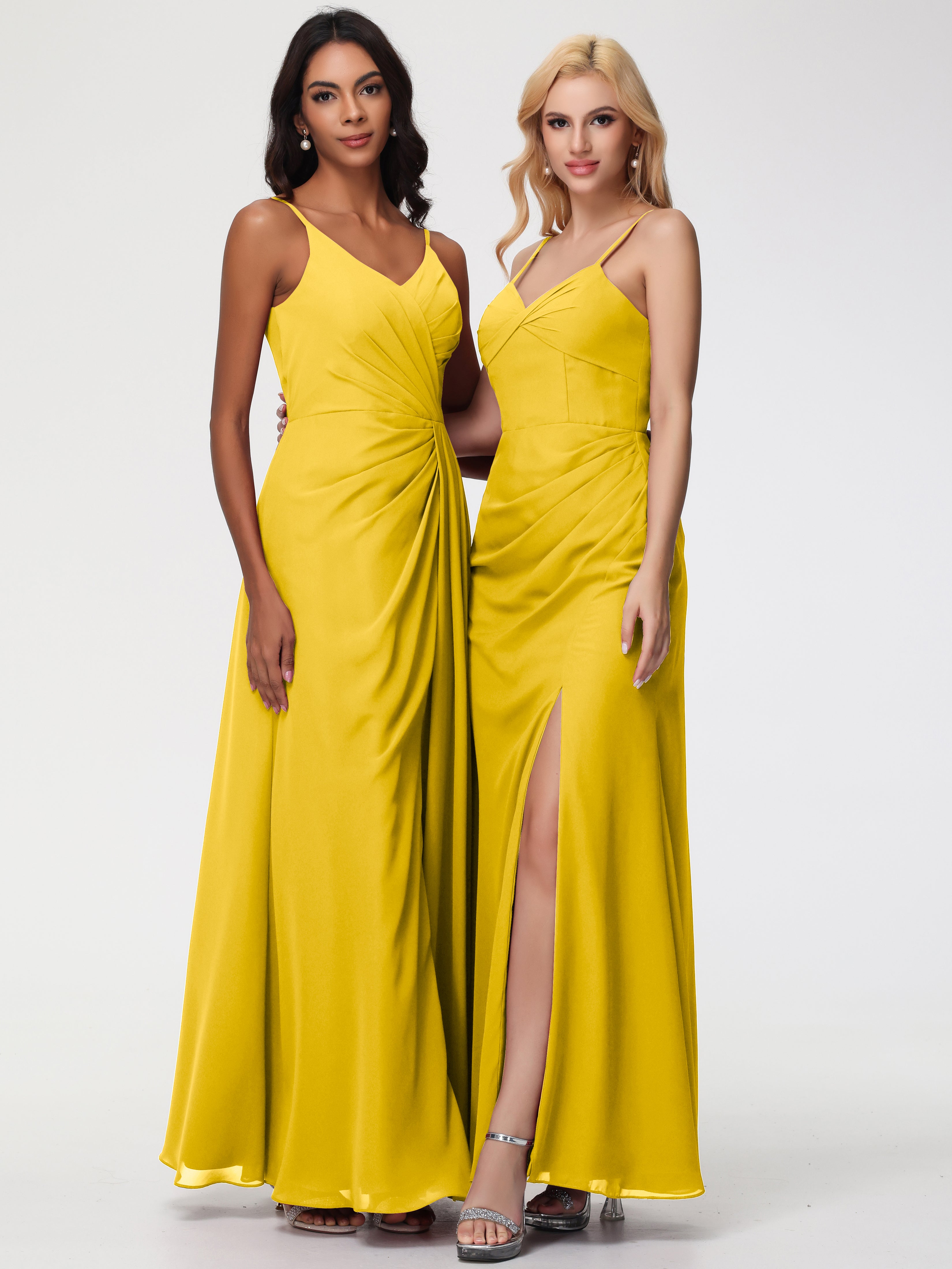 V-Neck Sheath/Column Sleeveless Spaghetti Straps Chiffon Bridesmaid Dresses With Split