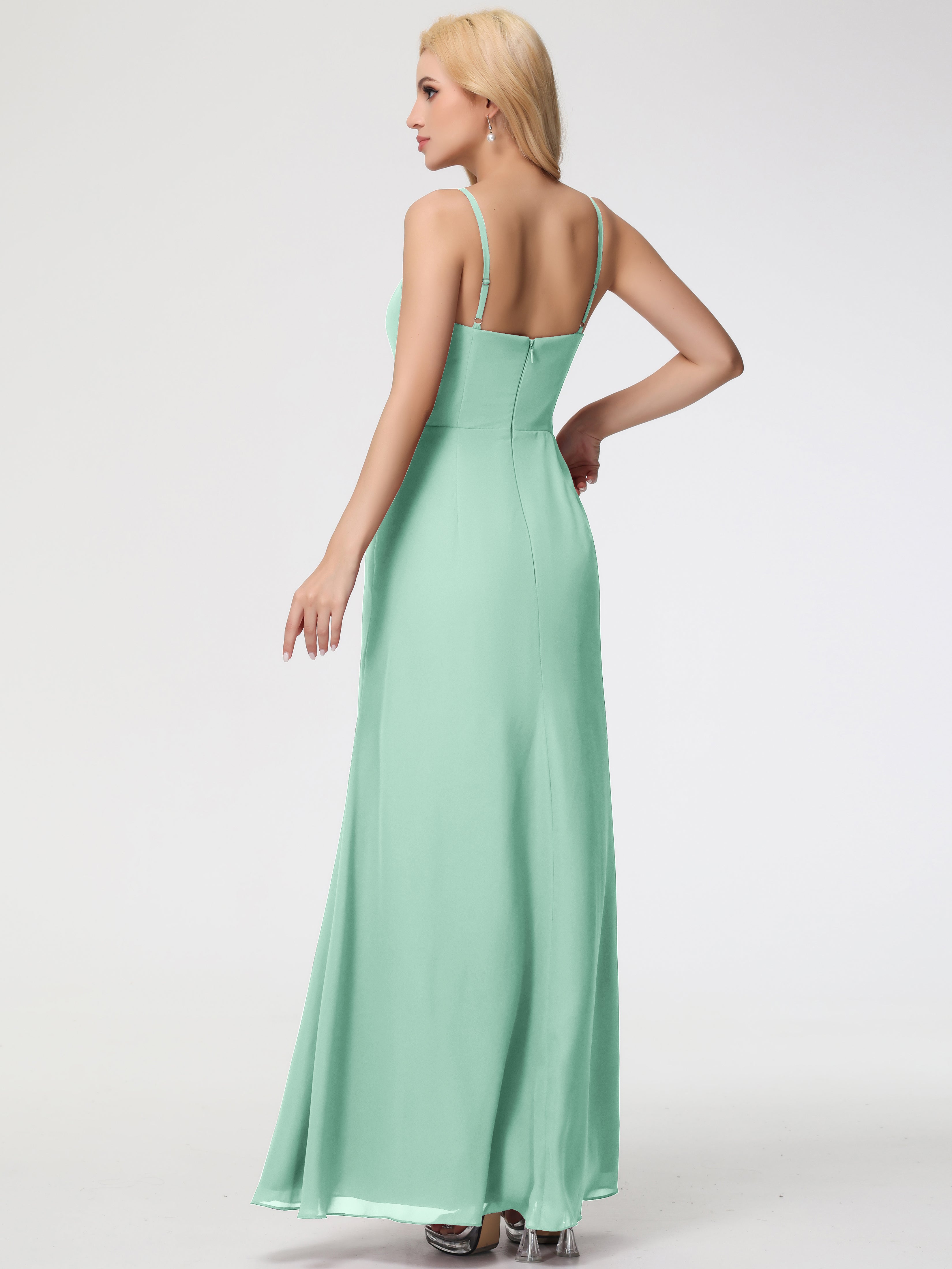 V-Neck Sheath/Column Sleeveless Spaghetti Straps Chiffon Bridesmaid Dresses With Split