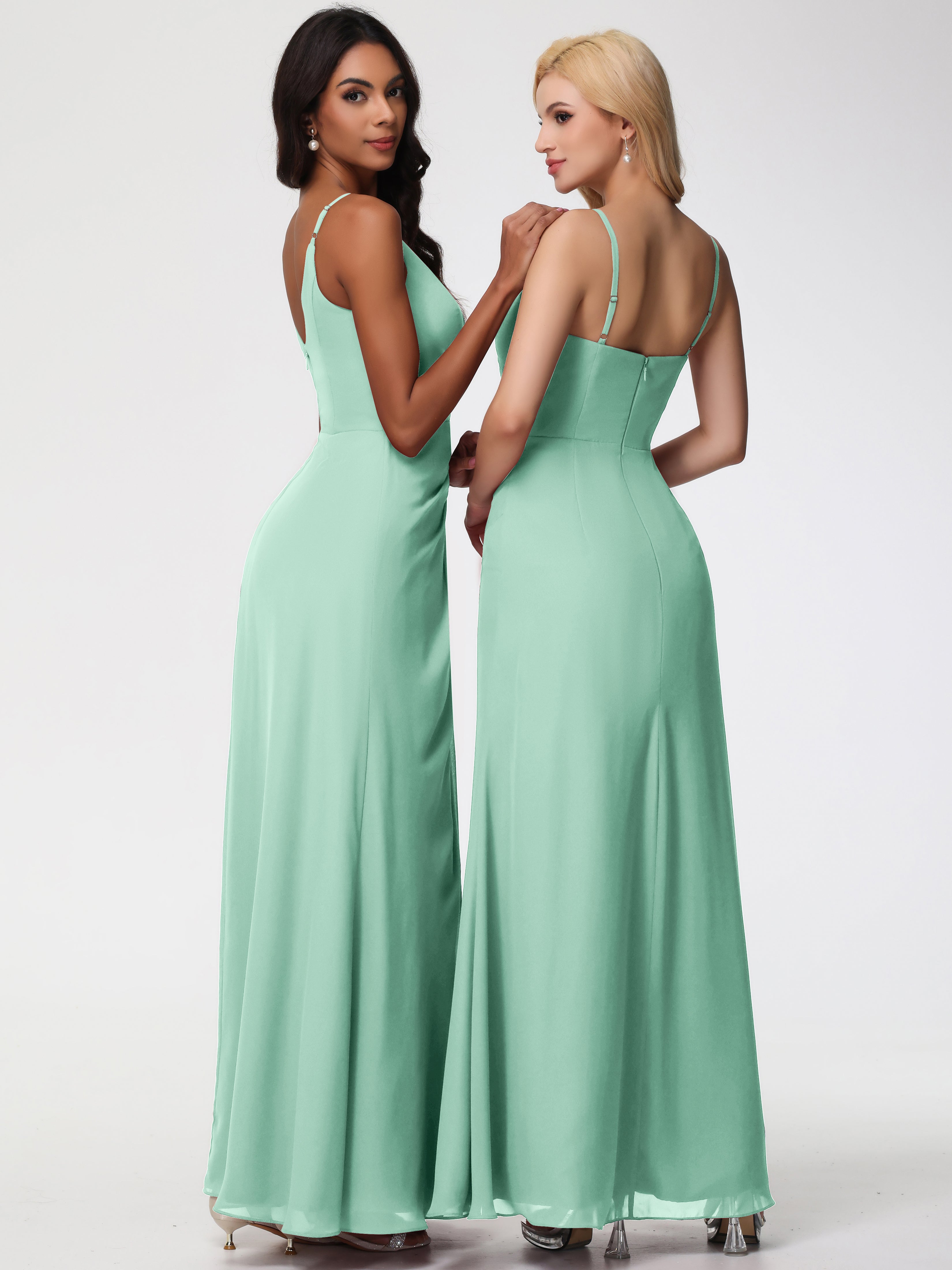 V-Neck Sheath/Column Sleeveless Spaghetti Straps Chiffon Bridesmaid Dresses With Split