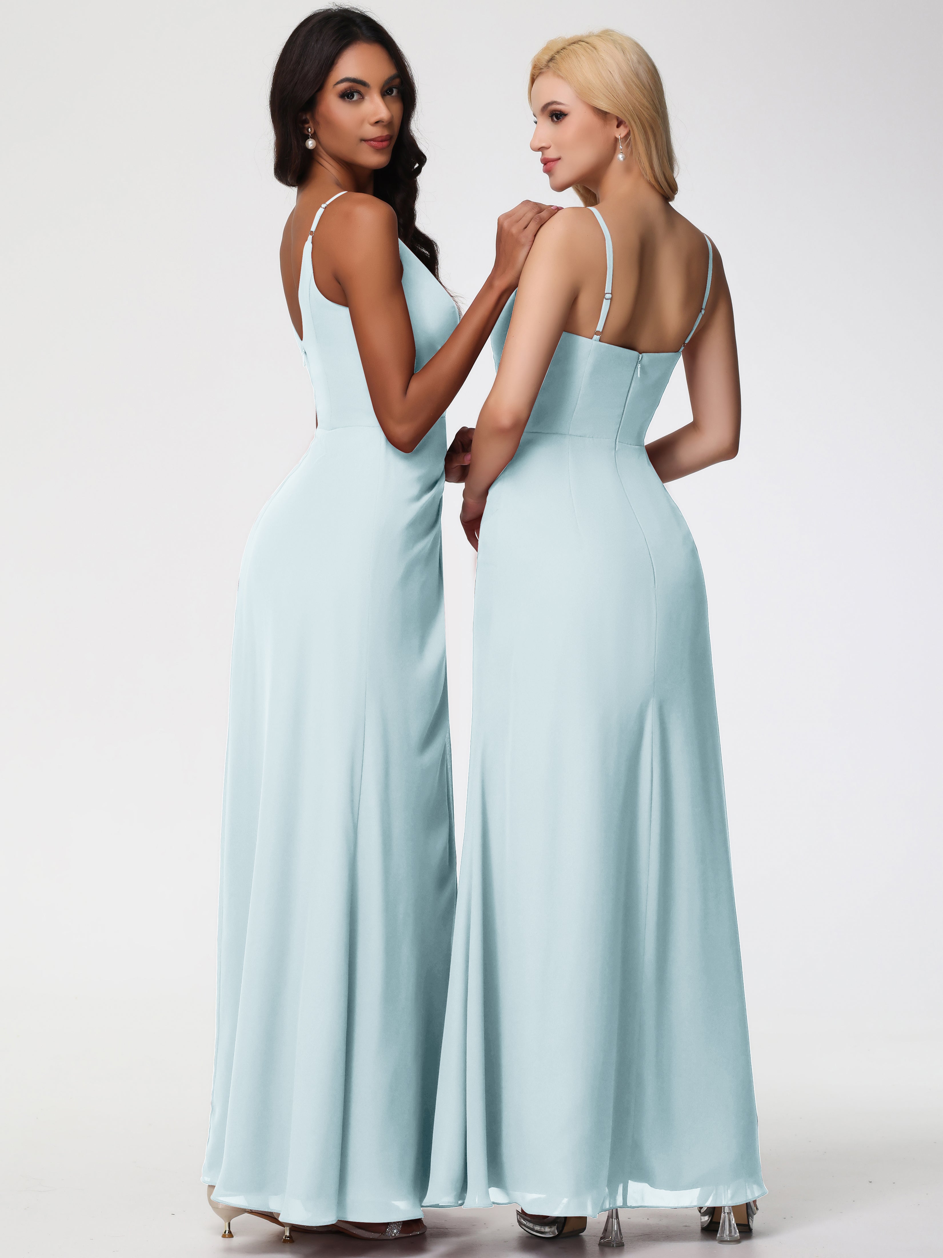 V-Neck Sheath/Column Sleeveless Spaghetti Straps Chiffon Bridesmaid Dresses With Split