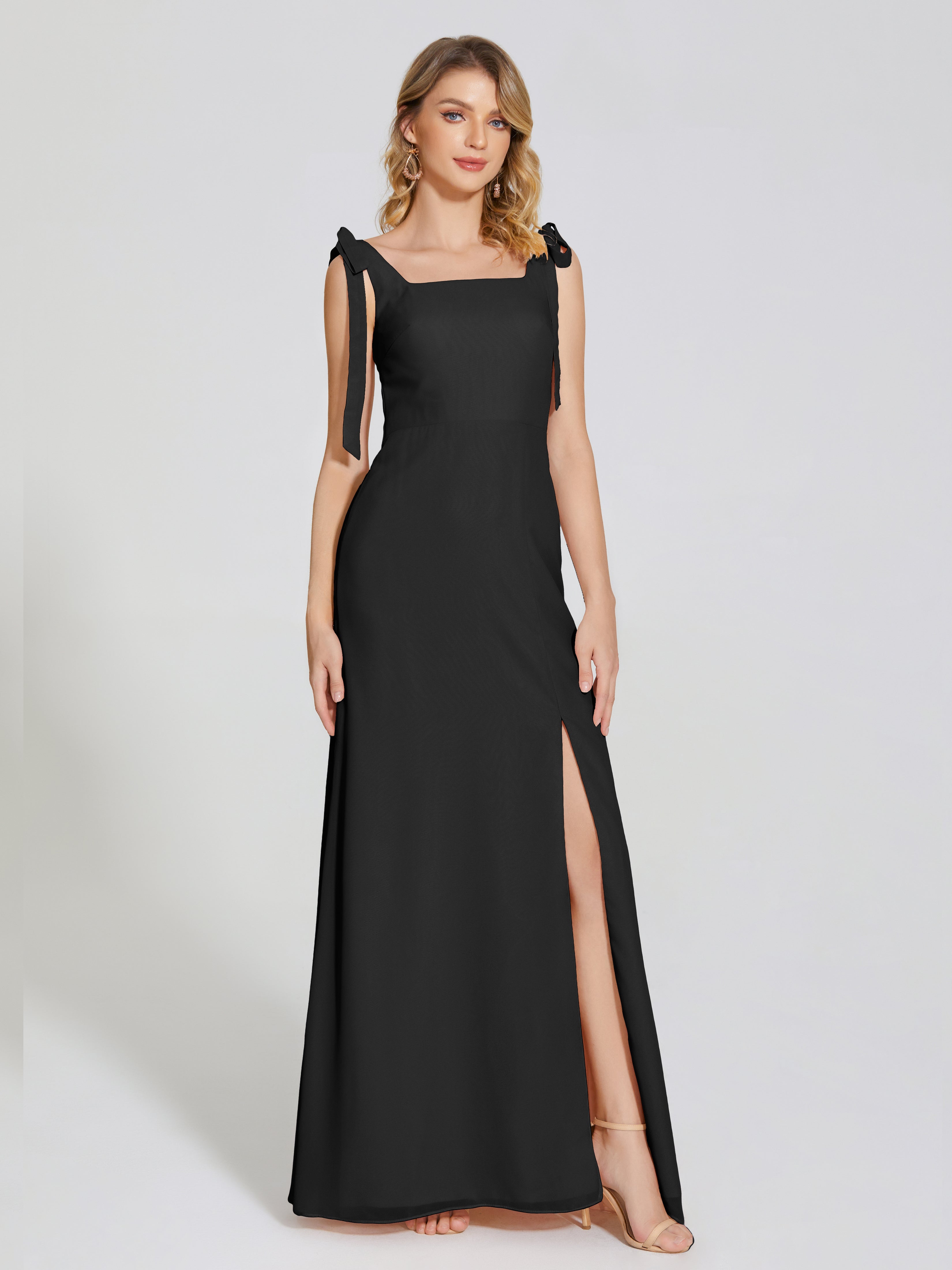 Long Black Bridesmaid Dress Michelle Elegant Square Neckline Chiffon B Long Black Bridesmaid Dress Michelle Elegant Square Neckline Chiffon B