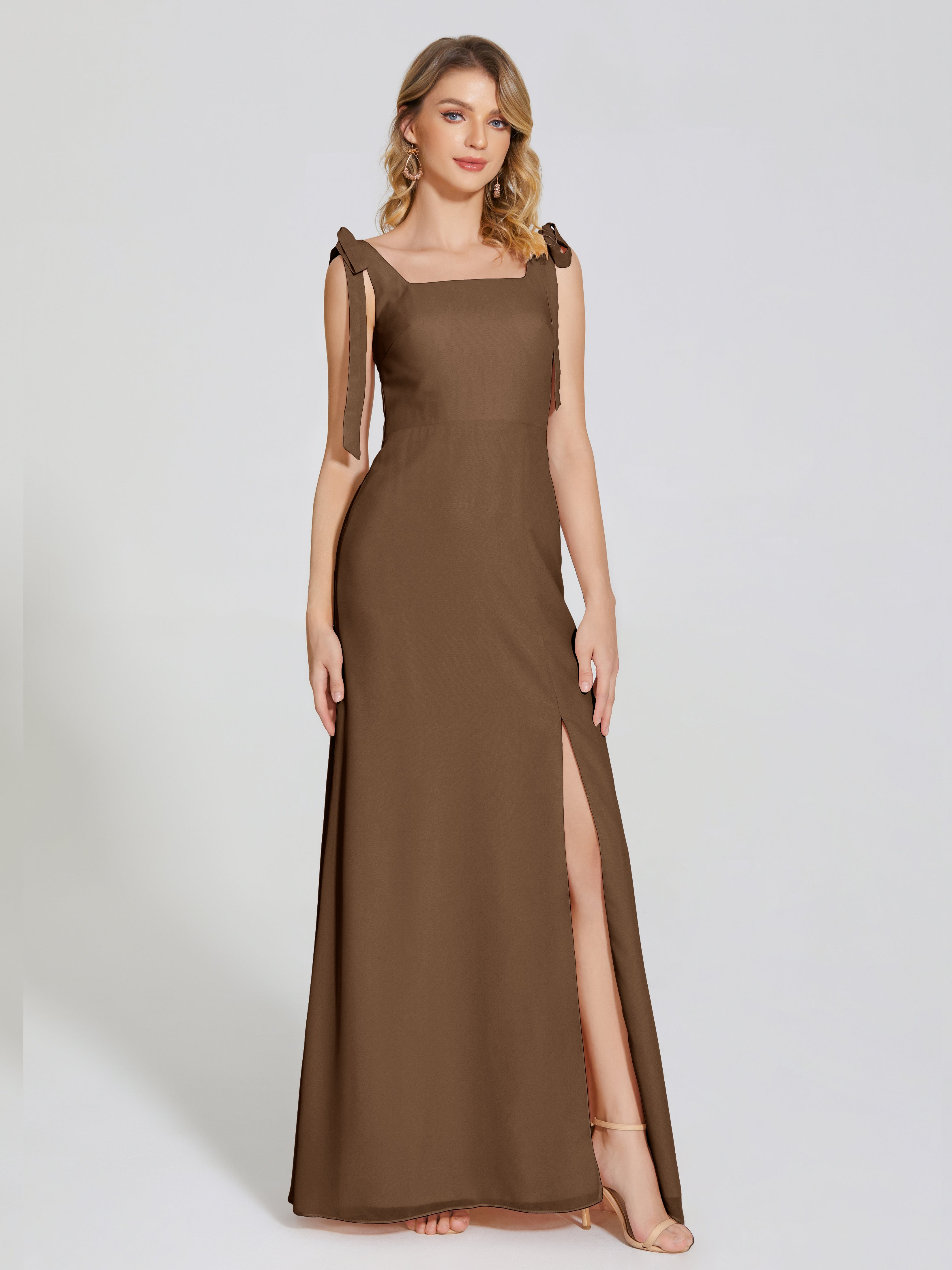 Brown Chiffon Bridesmaid Dress Michelle Elegant Square Neckline Chiffo